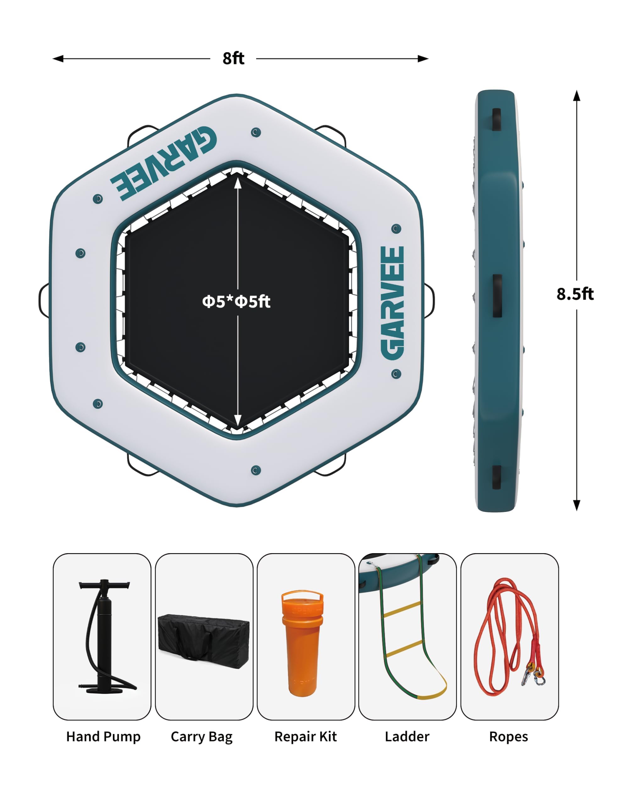 Vielseitige Aufblasbare Schwimmende Plattform mit Rutschfester Eva-Oberfläche & Seilleiter, Integrierter 1.5m Trampolin-Netzpool, Perfekte Wasserinsel und Schwimmdock für See, Pool, 2.59 * 2.59m