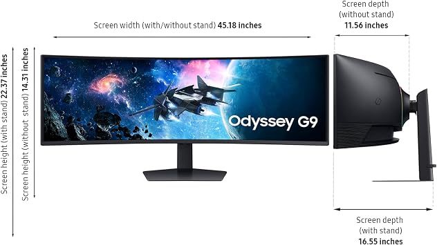 Samsung 49 Odyssey G9 Series DQHD 1000R Curved Gaming Monitor, 1ms(GtG), VESA DisplayHDR 1000, 240Hz, AMD FreeSync Premium Pro, Height Adjustable Stand, Ultrawide Screen, LS49CG954ENXZA, 2024