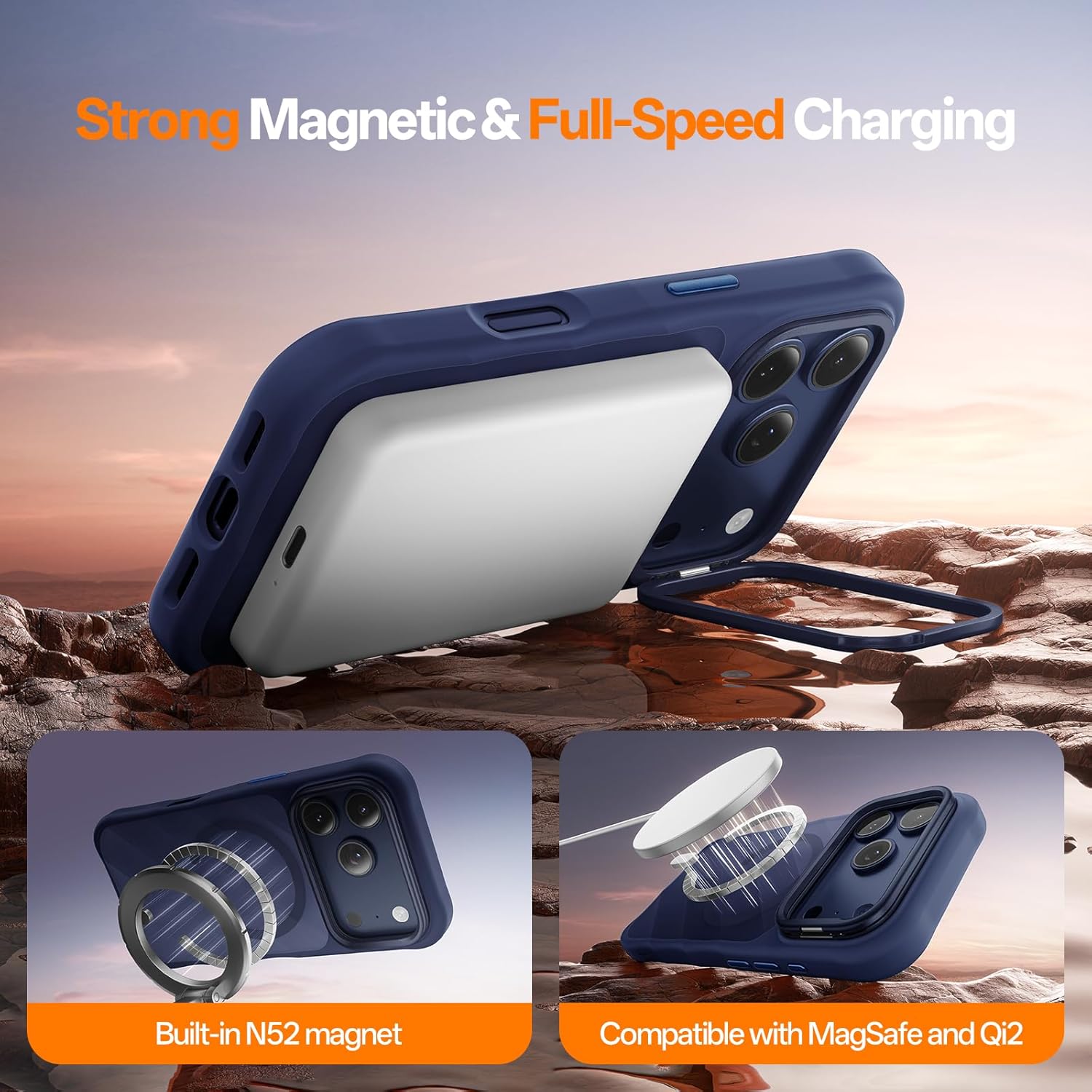 3-in-1 Set for iPhone 17 Pro Case with Camera Stand [1 Screen Protector & 1 Camera Lens Protector ][Fits MagSafe][Shockproof & Magnetic][Translucent Matte] Fashion Phone Case for 17 Pro (Blue)