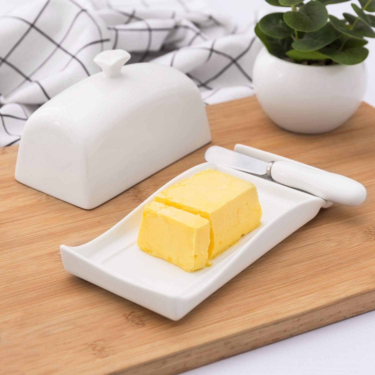 Nеw Prоduсt MyGift White Ceramic Butter Dish with Knife Set, Wave Design Tabletop Butter Plate with Lid - Fits East and West Coast Size Butter Sticks