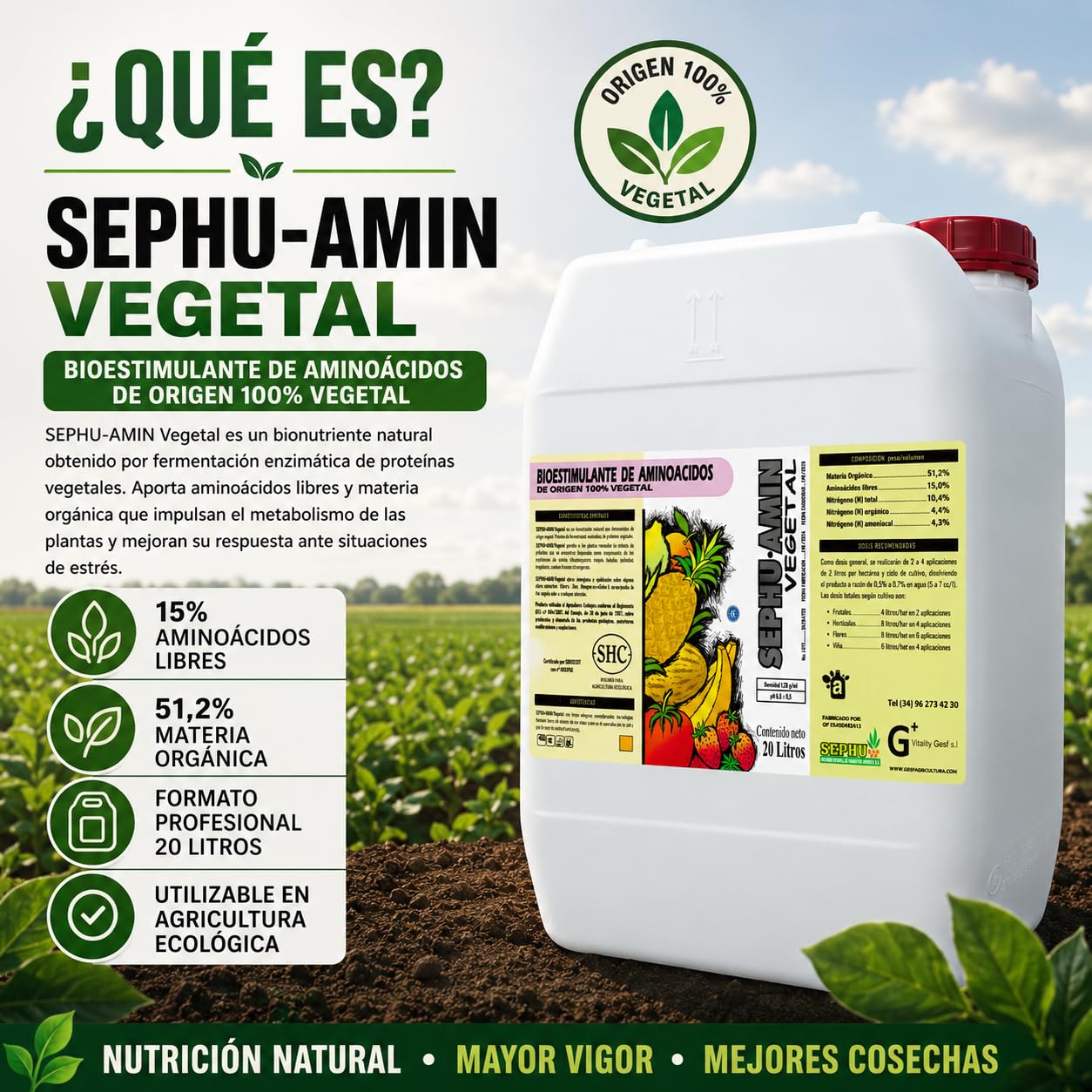 SEPHU Bioestimulante de Aminoácidos 100% Vegetal para tus plantas y cultivos potenciando su enraizamiento, 20 Litro, Certificado Agricultura Ecológica, Mejora Crecimiento y Resistencia