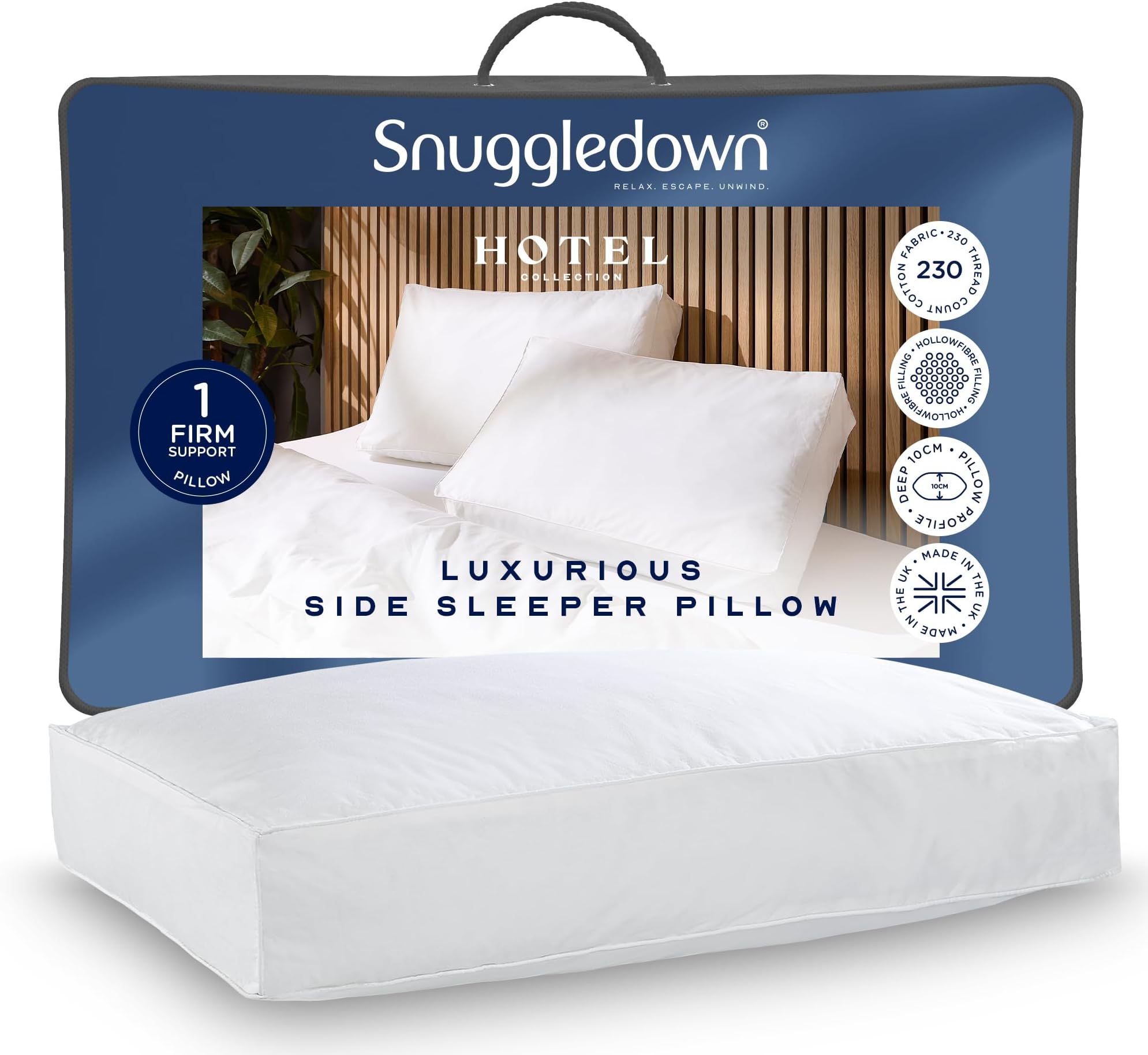 Hotel Side Sleeper Pillow - Firm Box Wall Support for Back & Side Sleepers | Breathable & Non-Allergenic 100% Cotton Cover, UK-Made & Washable (38 x 64cm)