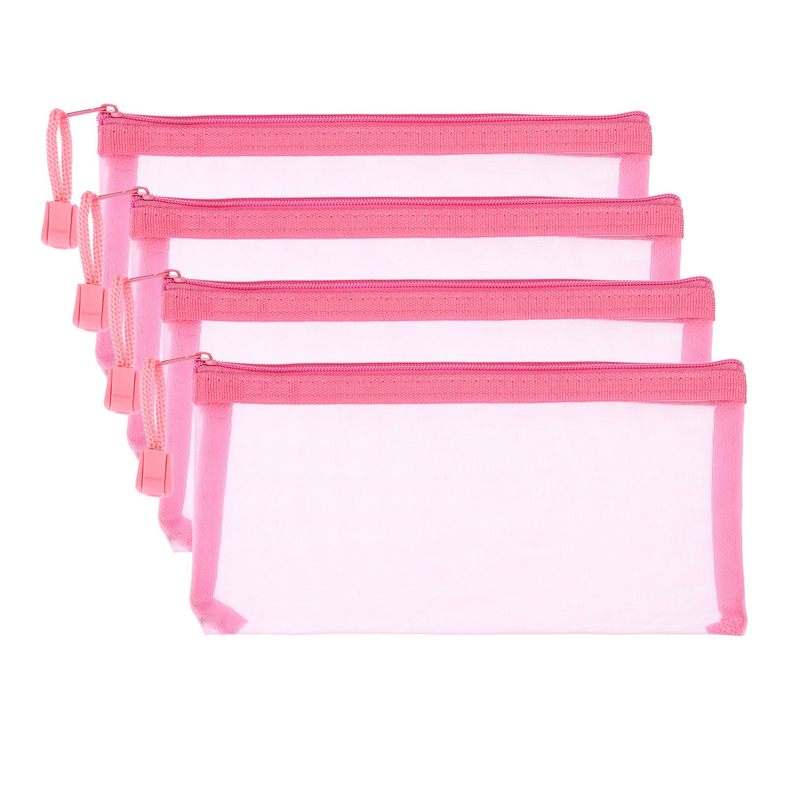 PATIKIL Mesh Zipper Bags, 4 Pack Nylon A6 Size Pen Pencil Travel Cases Toiletry Cosmetic Makeup Pouches Zipper Files Purse Organizer for Office, Pink