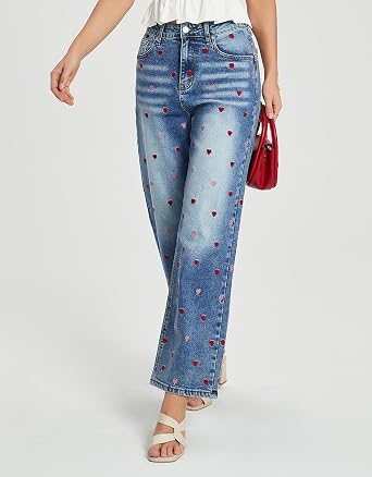 Kedera Women's Embroidered Jeans 2026 Mid Rise Wide Leg Denim Pants Casual Stretchy Cute Heart Embellished Jeans
