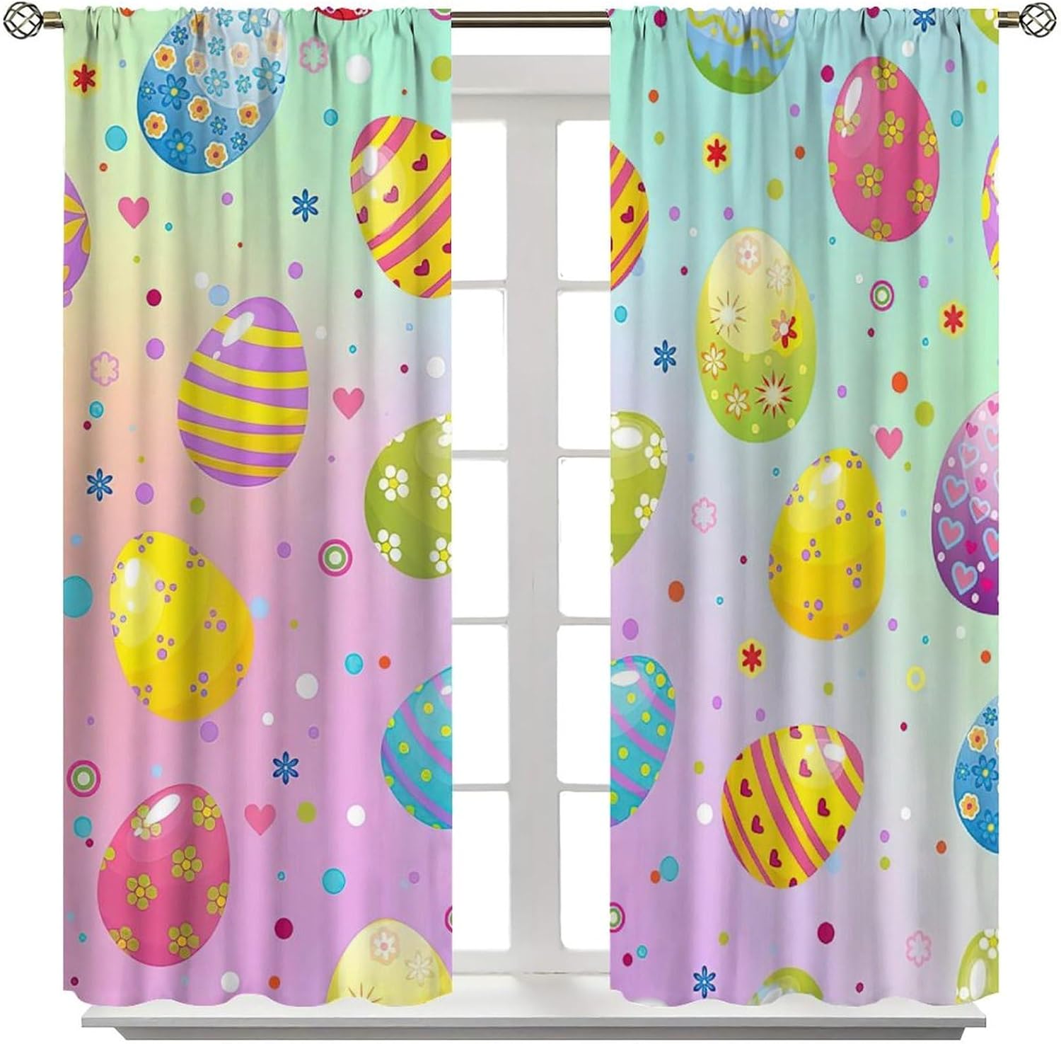 Easter Eggs Curtains, Spring Colorful Eggs Confetti Happy Easter Print Window Drapes for Kids Boys Girls Bedroom Living Room 42x63in (No Blackout)