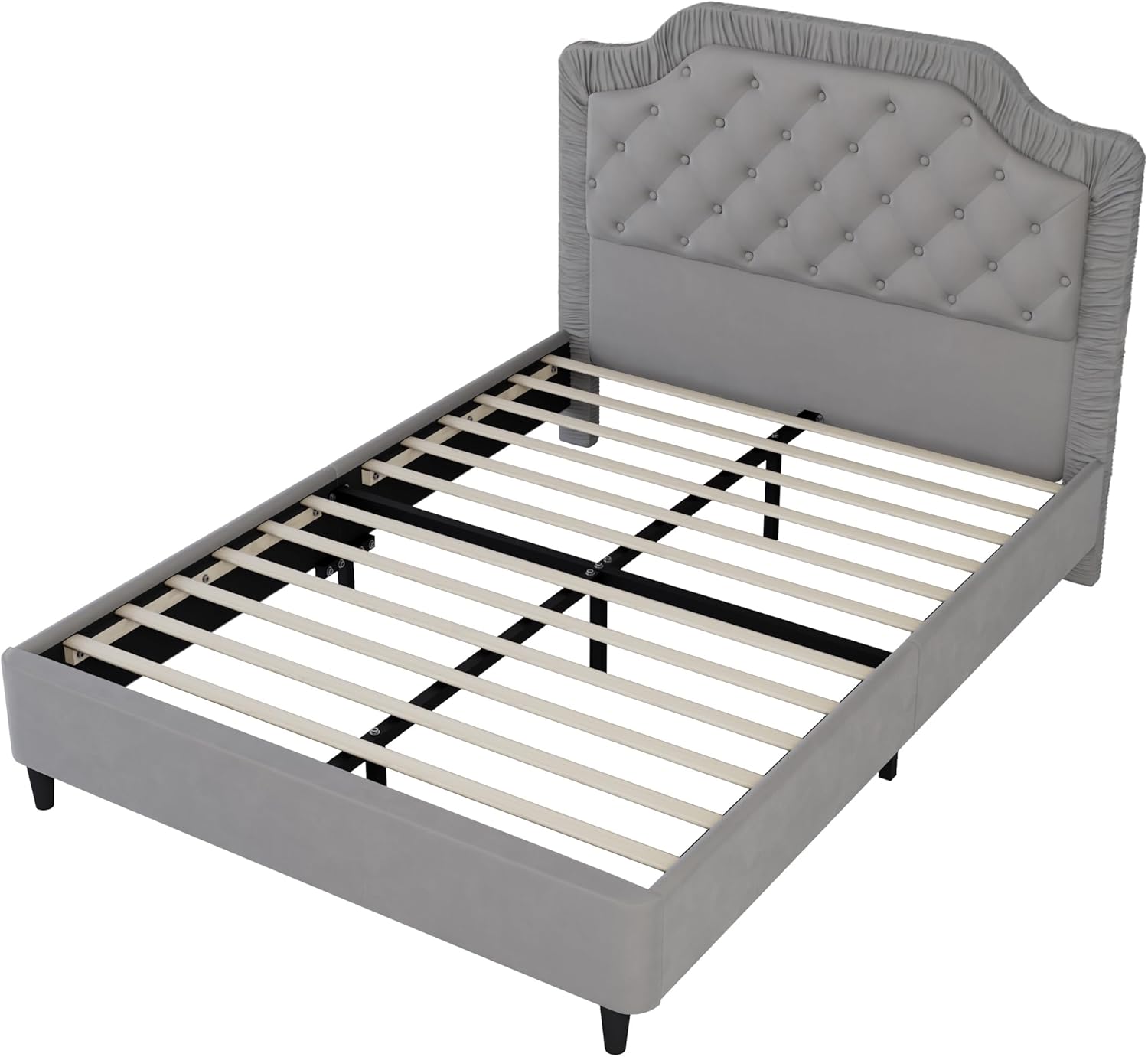 Merax Queen Size Velvet Upholstered Bed, Ruched & Button Tufted Platform Bed Frame with Tall Headboard, Mattress Foundation Beds for Bedroom, No Box Spring Needed, Noise-Free, Easy Assembly, Gray