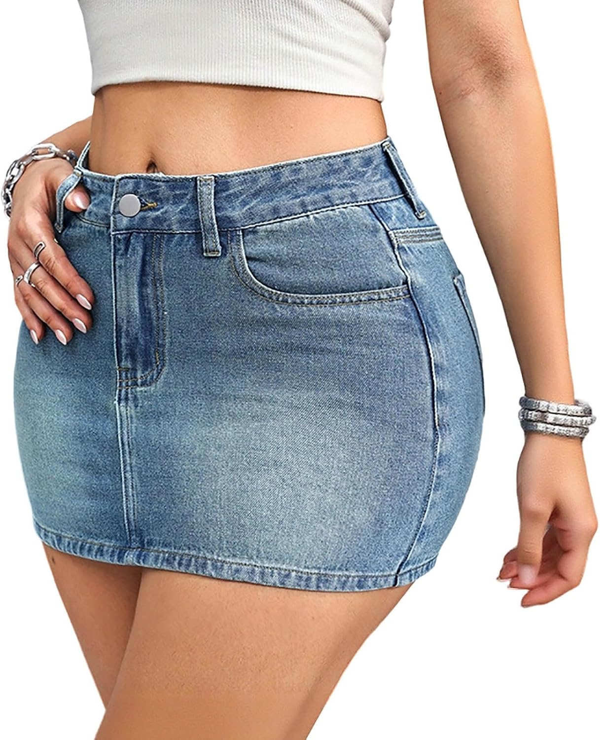 Women's High Waist Bodycon Jean Skirt Y2K Button Zipper Fly Mini Denim Skirts Slim Fit A Line Stretchy Skirts