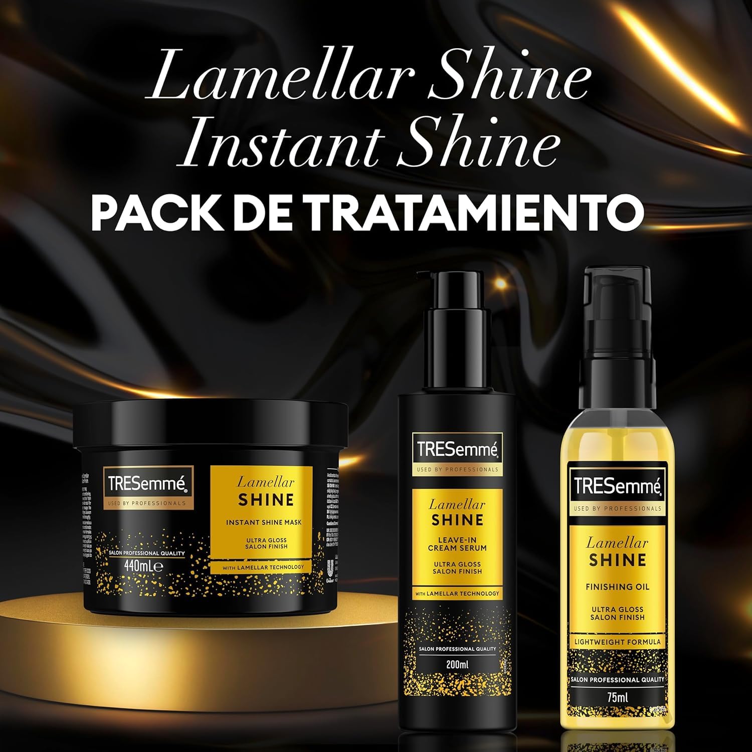 TRESemmé Lamellar Shine Set Cuidado del Cabello, Con Mascarilla, Crema-Sérum Sin Aclarado y Aceite, Para Todo Tipo de Cabello, Cabello Sedoso y Brillante, Con Tecnología Lamellar, 440ml + 200ml + 75ml