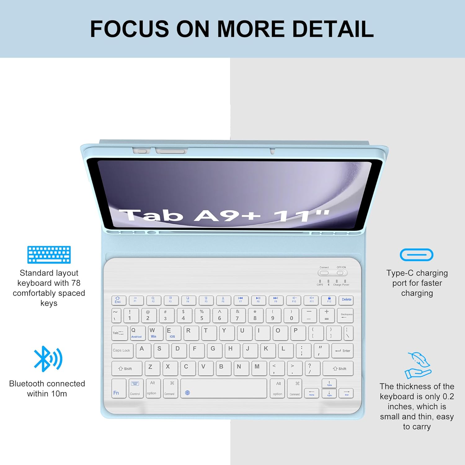 Keyboard Case for Samsung Galaxy Tab A9 Plus/A9+ 5G 11”(SM-X210/X216/X218), Detachable Wireless Bluetooth Keyboard, Smart Folio Cover with S Pen Holder, Soft Protective Case, Auto Sleep/Wake, Sky Blue