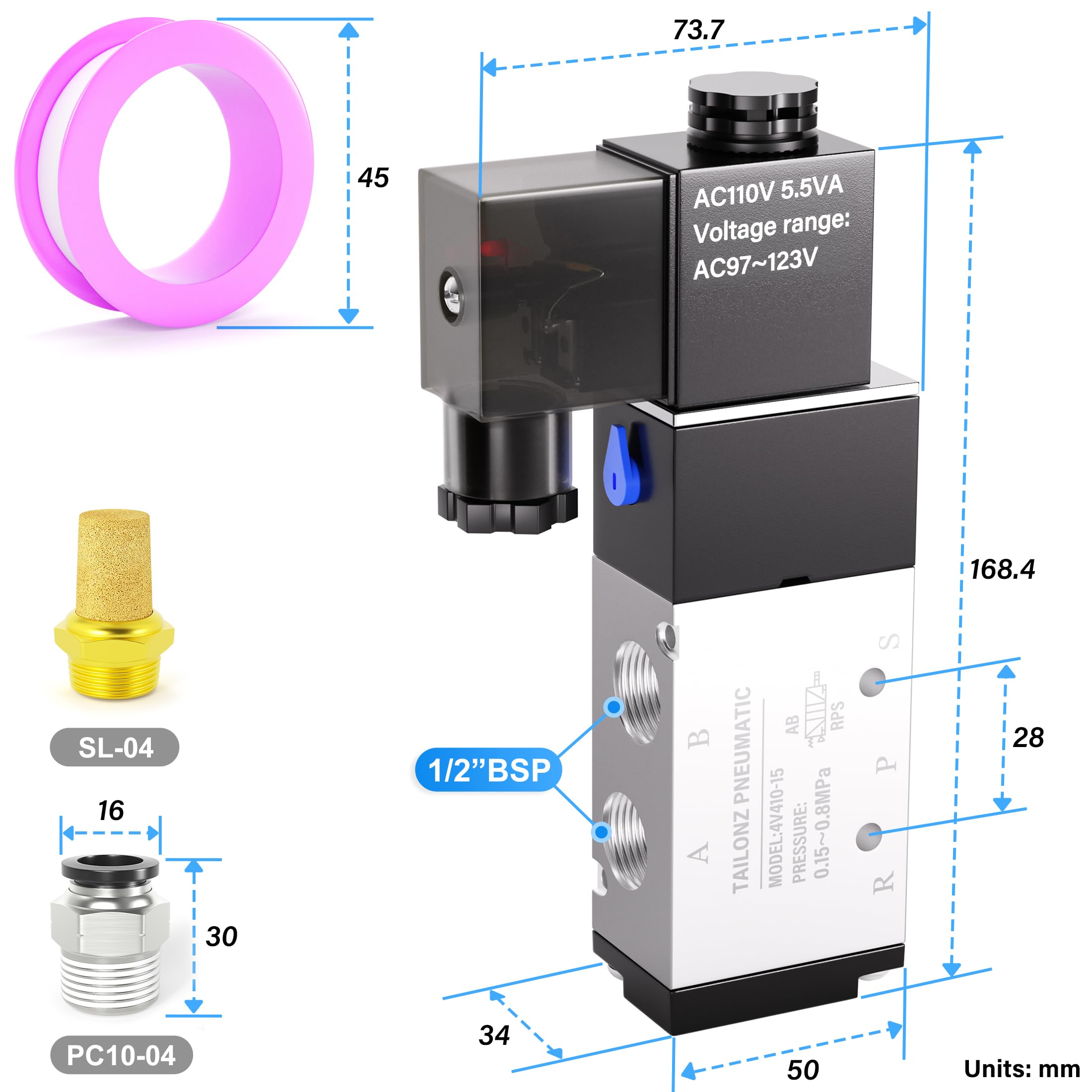 Électrovanne TAILONZ PNEUMATIC 1/2 "BSP 4V410-15 110V simple bobine pilotée électrique 2 positions, 5 voies