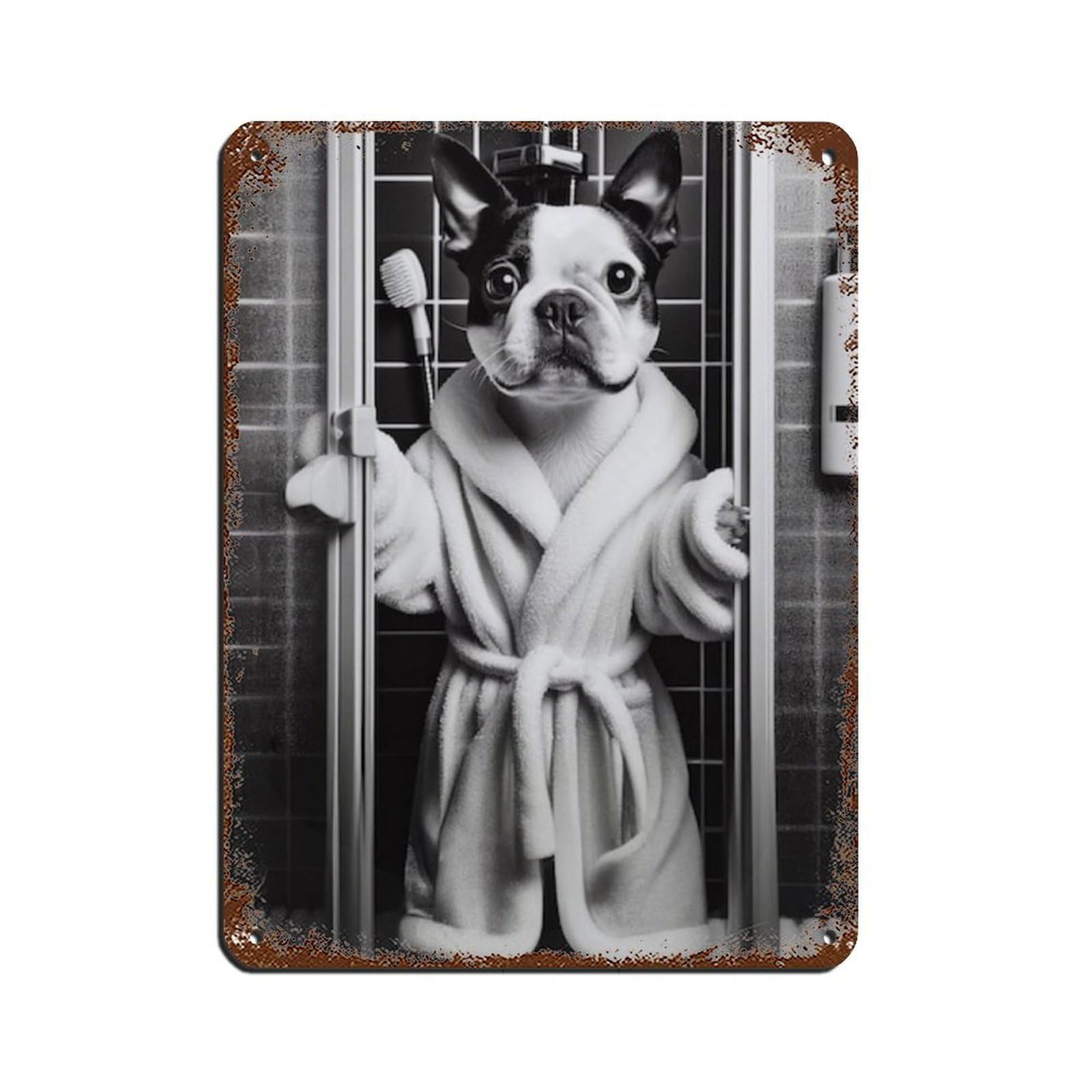 Boston Terrier Bathroom Art Poster Tin Sign Vintage Metal Pub Club Cafe Bar Home Wall Art Decoration Poster Retro 12x16inch(30x40cm)