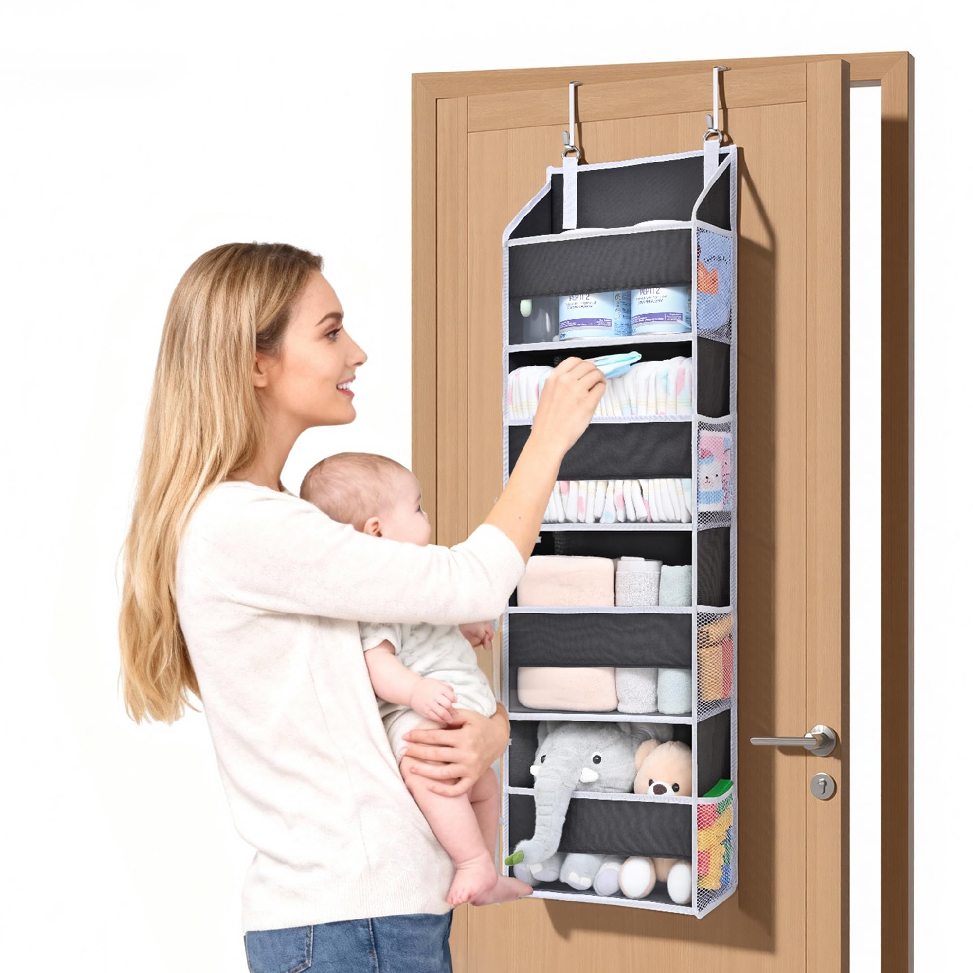 ULG 1 Pack Small Over Door Organizer with 4 Large Pockets 8 Mesh Side Pockets, Hanging Storage Organizer with Clear Window Kids Toys Deep Gray