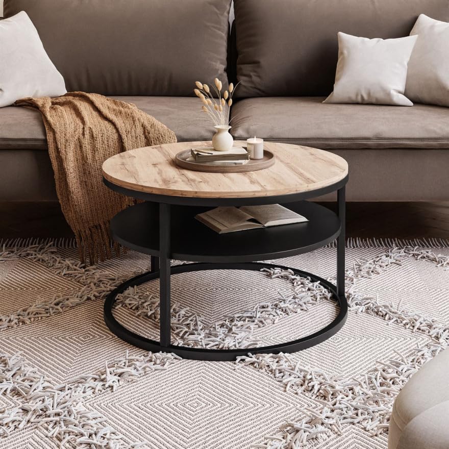 Lookway Couchtisch CIRI Slim – Runder 60 cm Wohnzimmertisch im Holzdekor, Mit Ablage, Moderner Beistelltisch (Eiche Wotan/Schwarz)