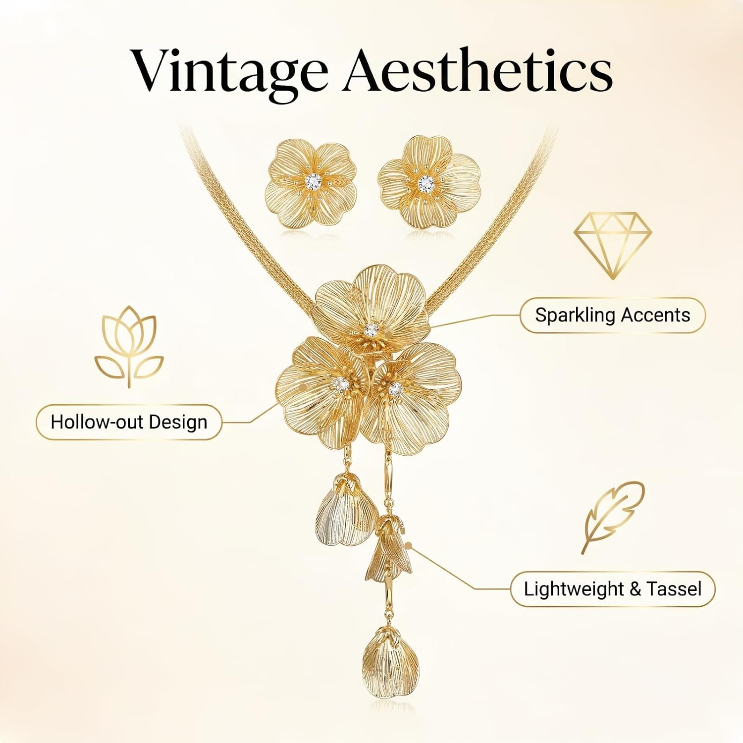 Gold Flower Accent Necklace & Earring Set for Women, Statement | gold plated jewelry set for women flower tassel necklace earrings hypoallergenic bridesmaid jewelry