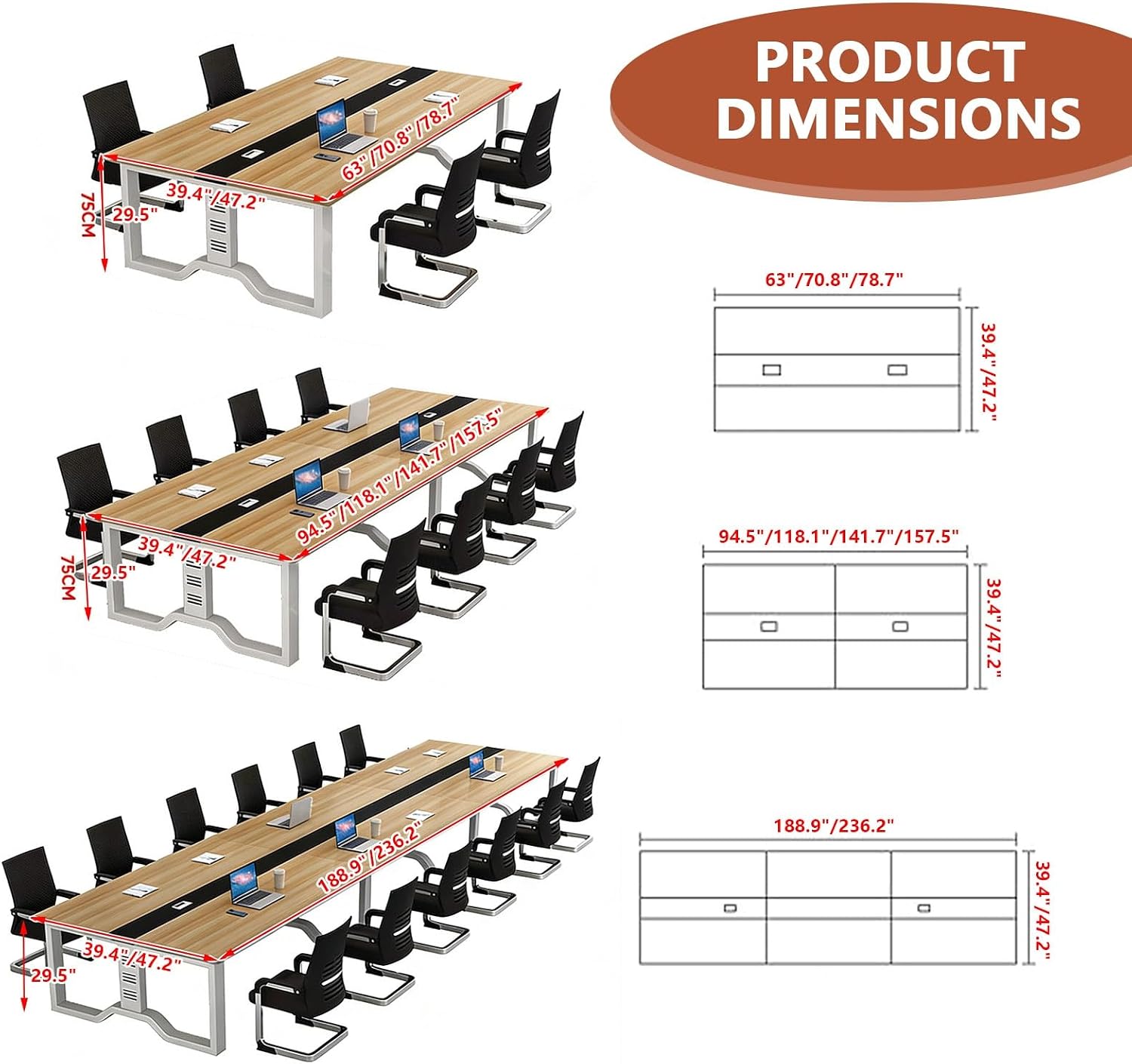 Conference Room Table, Modern Rectangle Office Meeting Table with Cable Grommets, Wood Tabletop Boardroom Tables for Office Meeting Business Furniture(Brown+White Frame,63x39.4in)