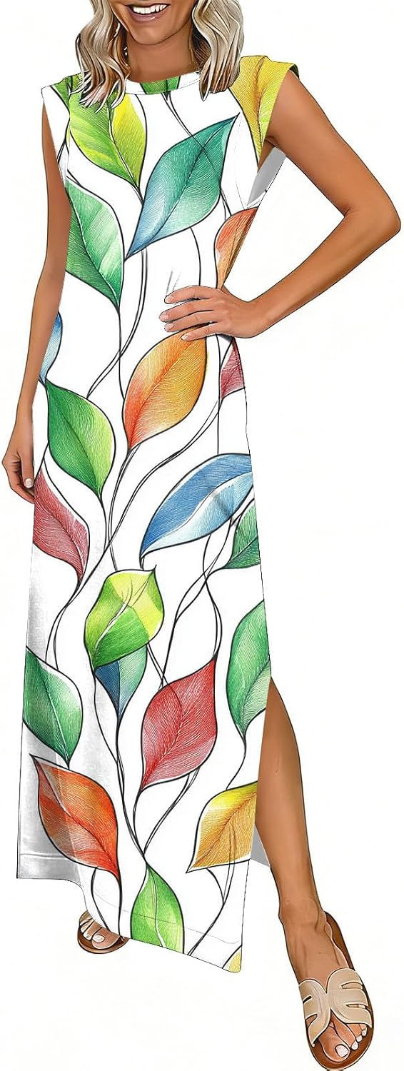 Sleeveless Slit Maxi Dress for Women Pullover Loose Crewneck Versatile Casual Boho Beach Dresses with Pockets