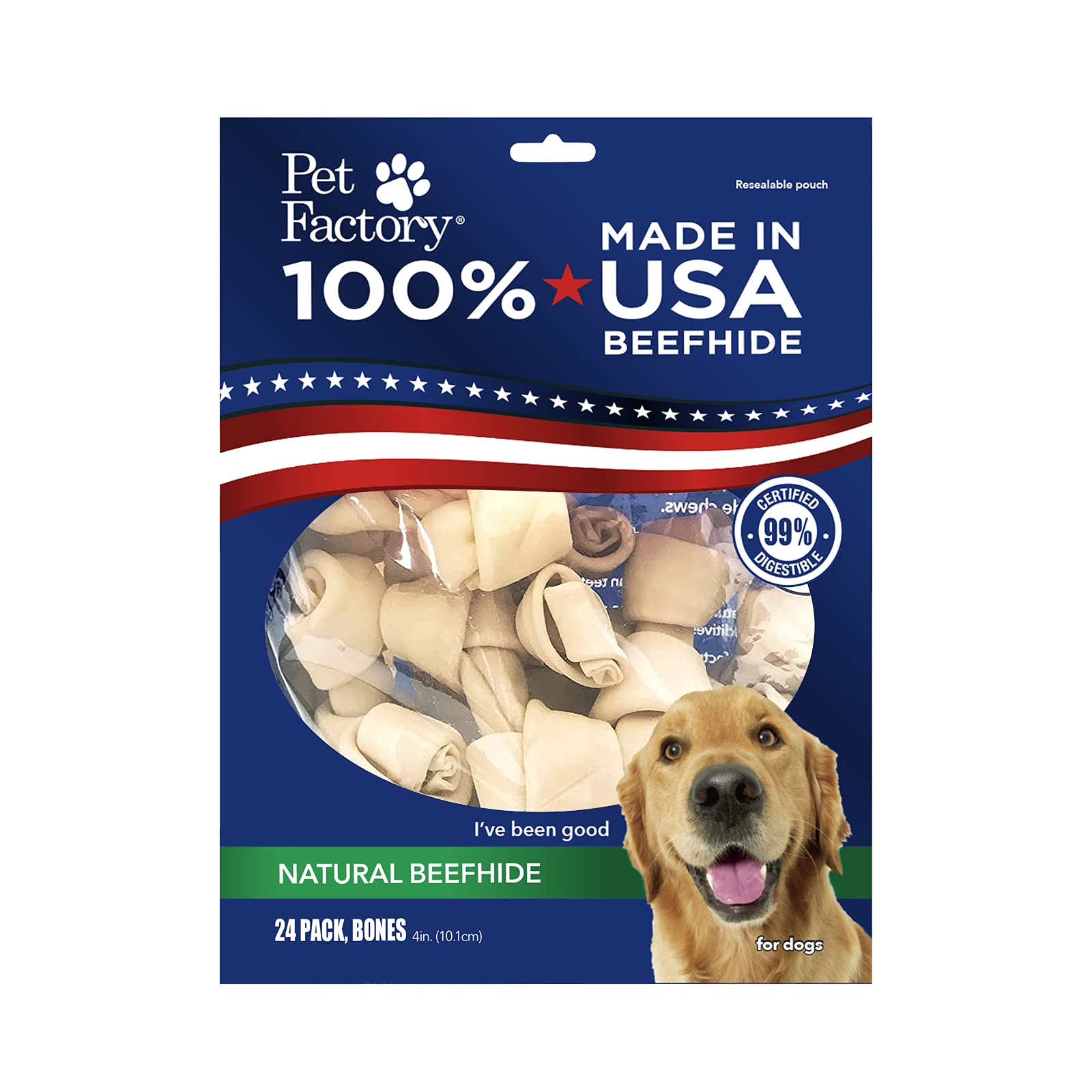 Pet Factory100% Made in USA Beefhide 4" Knotted Bones Dog Chew Treats - Natural Flavor, 24 Count/1 Pack