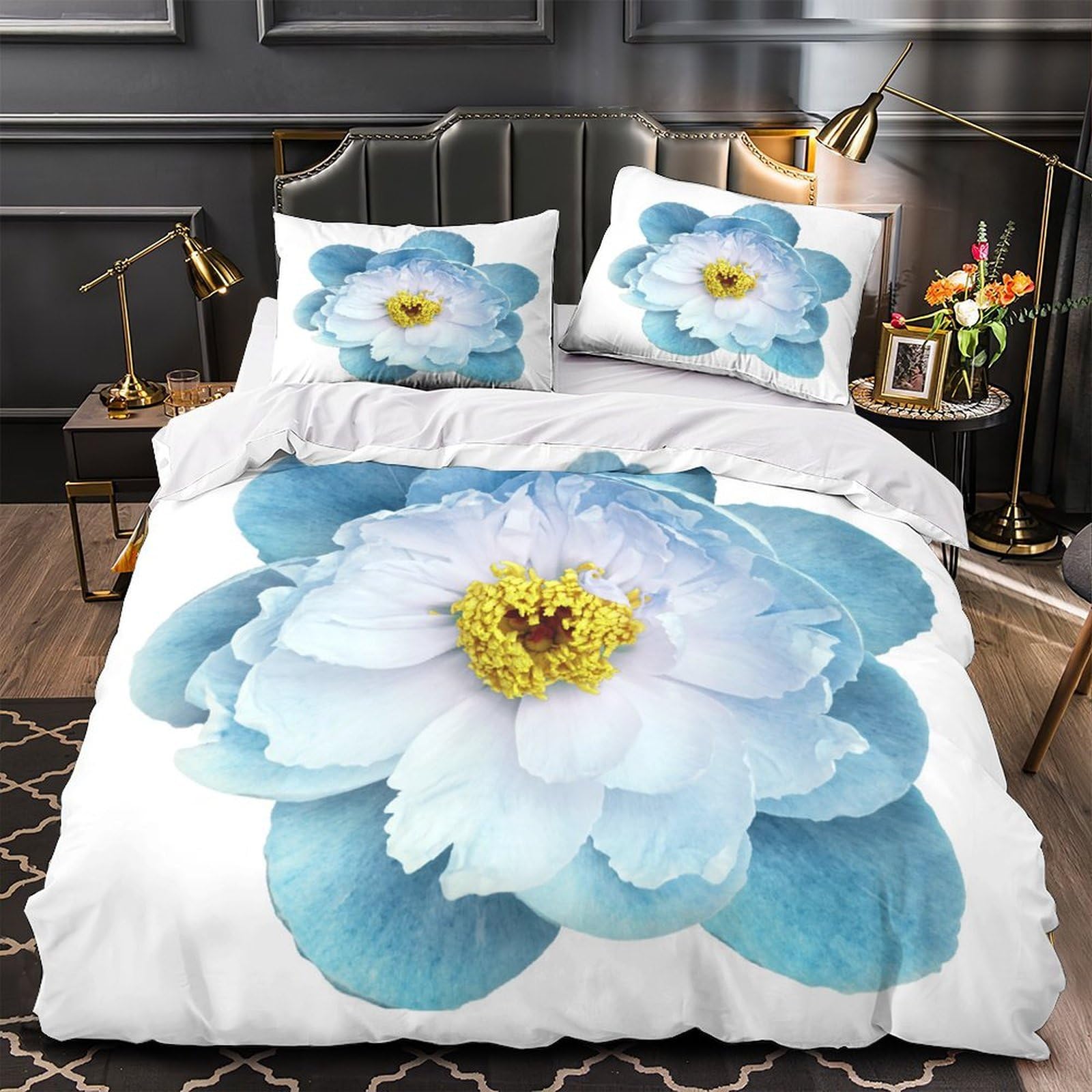 MMDASBVPE Blue Flower Comforter Cover 3D Print Hypoallergenic 3PCs Bed Linen Hidden Zipper Botanical Quilt Cover Extra Soft All Season for Teens Youth Adults Women Kids Boys Double（200x200cm）