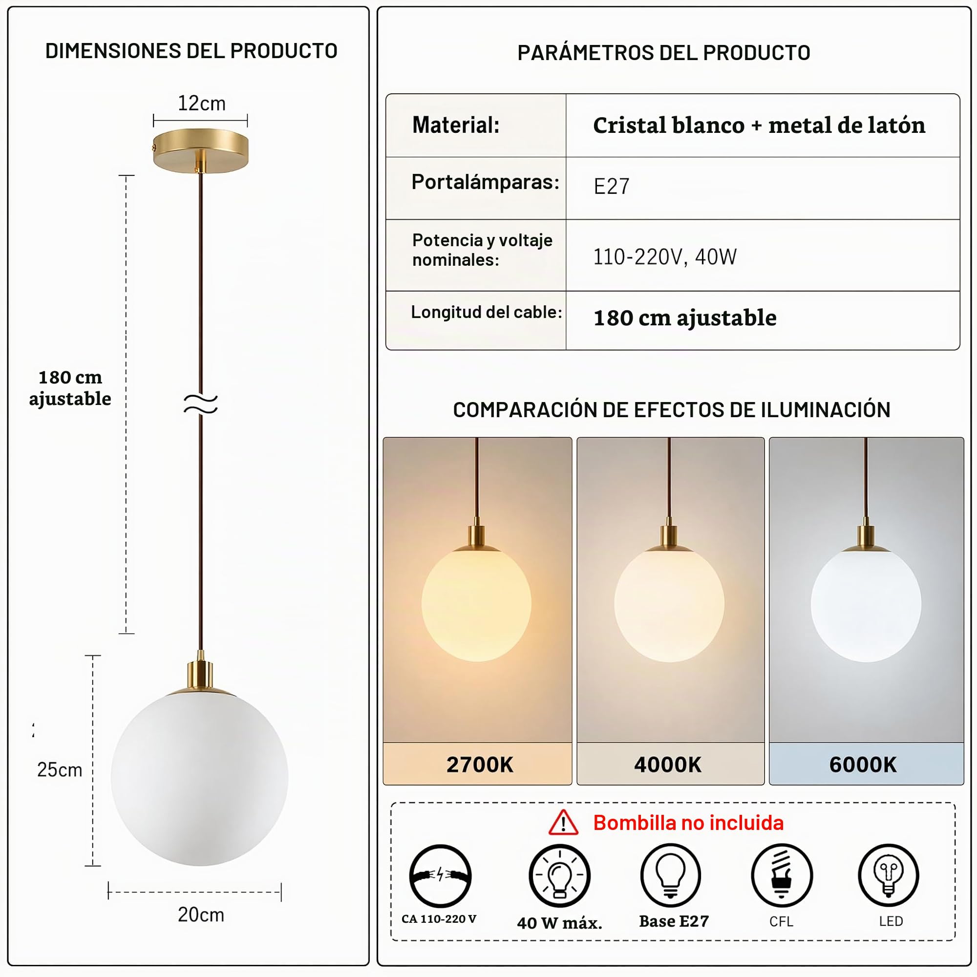 Luz de Suspensión de Bola de Cristal Blanca Moderna, Iluminación de Lámpara de Colgante con Montajes de Latón, Luz Colgante de Techo Para Cocina de Salón Dormitorio (20CM)