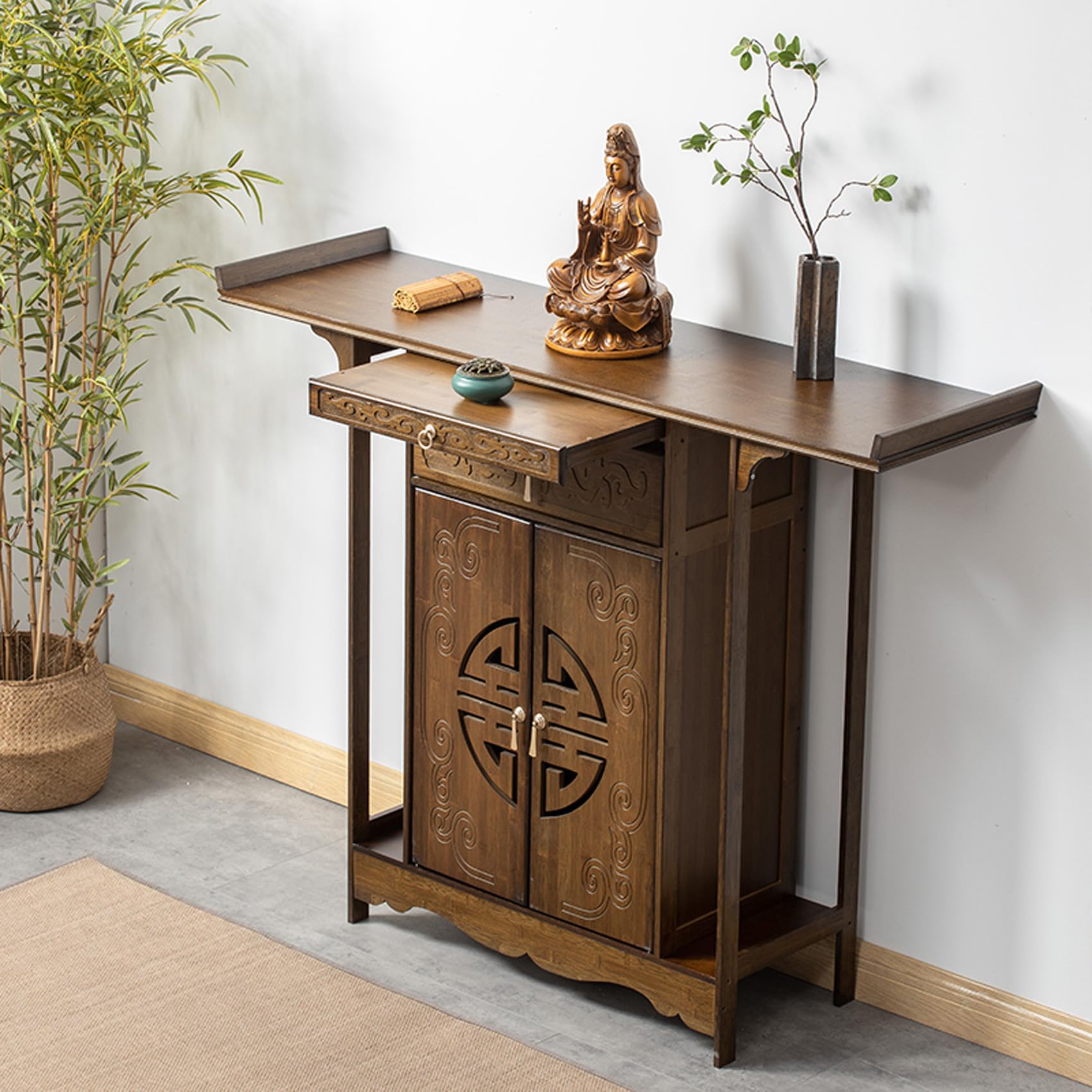 IvyLoutish Meditation Table - Solid Wood Altar Table with Storage, Chinese Style Buddhist Incense Prayer Cabinet (31.5x15.7x42.5 inches) for Personal Shrine