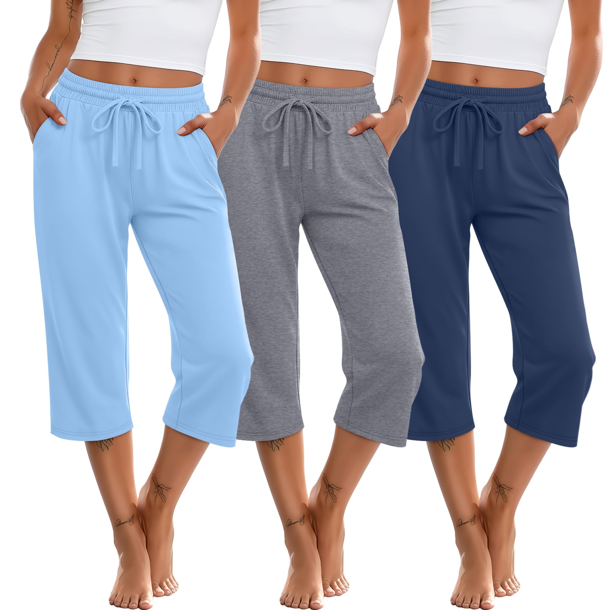 Huukeay 3 Pack Women's Capris Drawstring Sweatpants