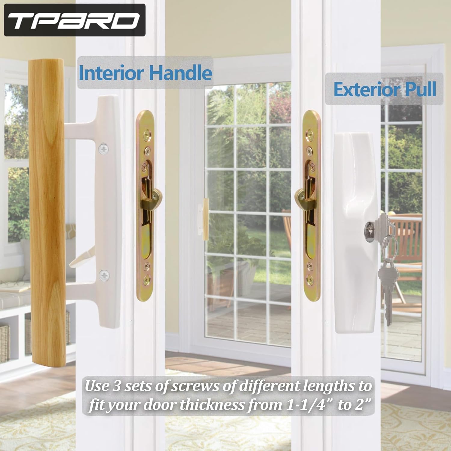 Sliding Glass Patio Door Handle Set with Key Cylinder and Mortise Lock 45° Keyway, Oak Wood Inside Handles and Zinc Diecast Outside Pull, 3-15/16" Hole Spacing, Non-Handed, White