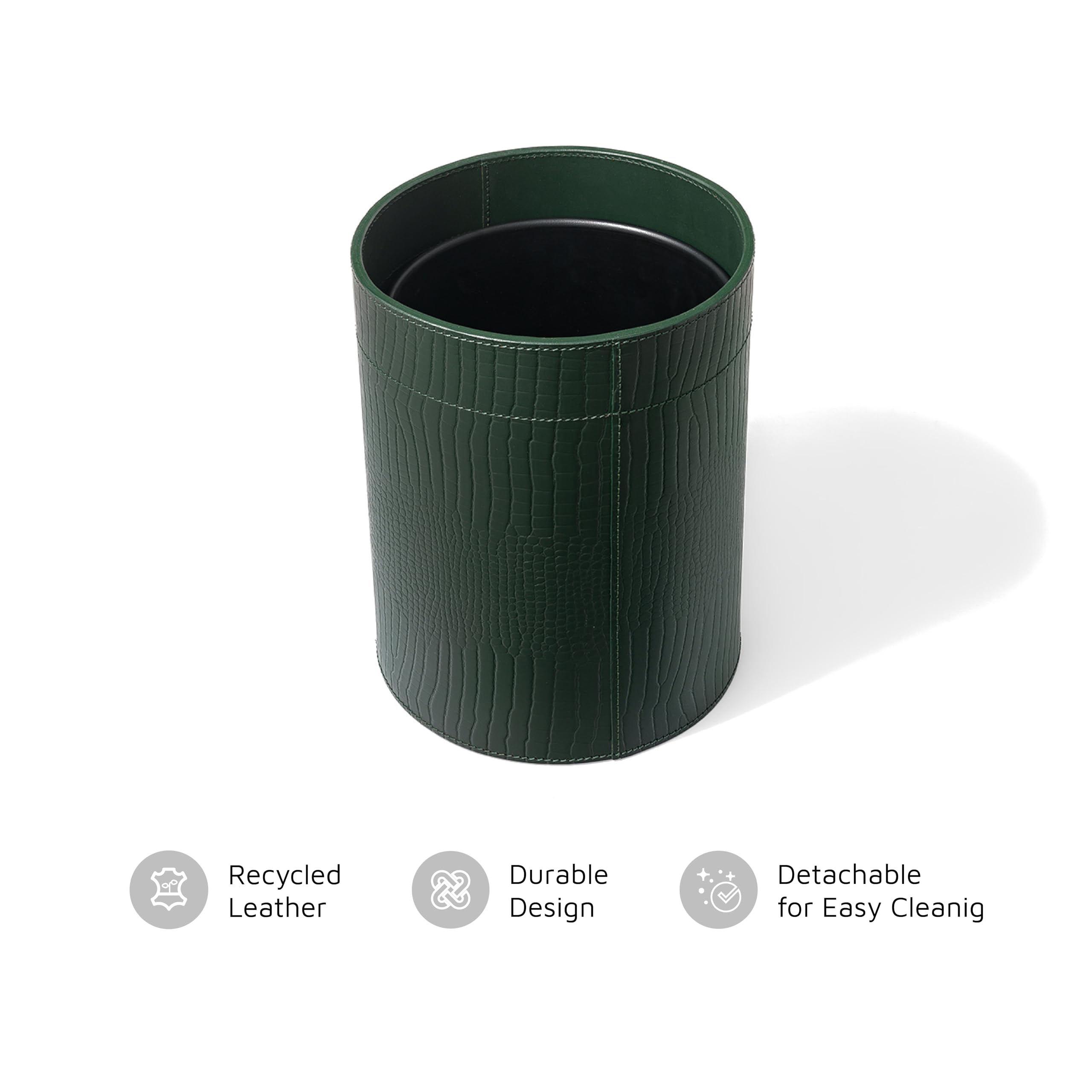 Sterling Green Round Leather Waste Bin – Handcrafted Recycled Leather Trash Can with Metal Inner, 23.5 cm – Premium Decorative Office & Home Basket