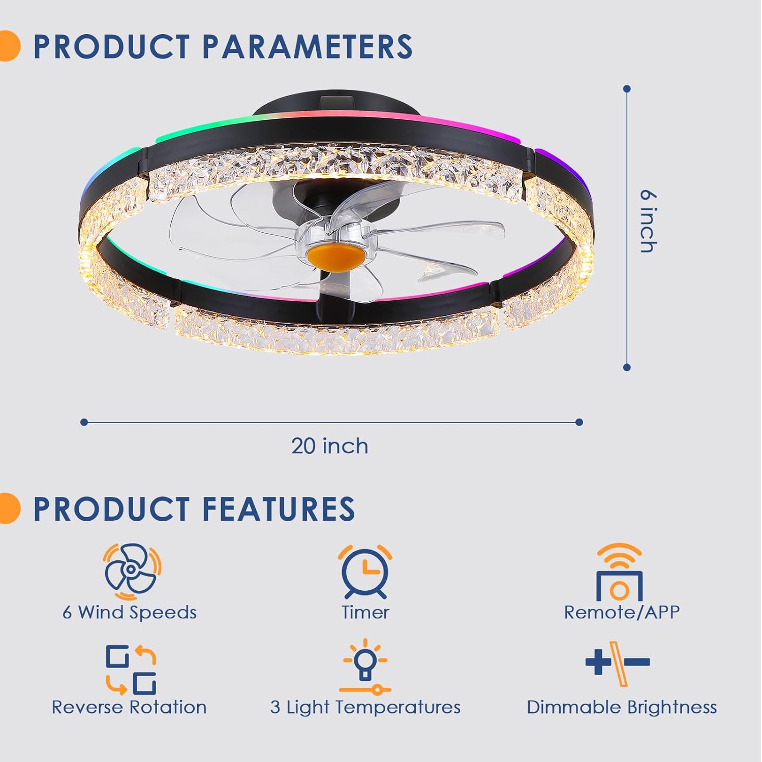 20" Flush Mount Ceiling Fan with RGB Light- Low Profile Modern Fan Light, Dimmable 3CCT 6Wind Speeds, LED-RGB, Bladeless Enclosed Fan with Ambient Light, Bedroom, Kids Room, Party