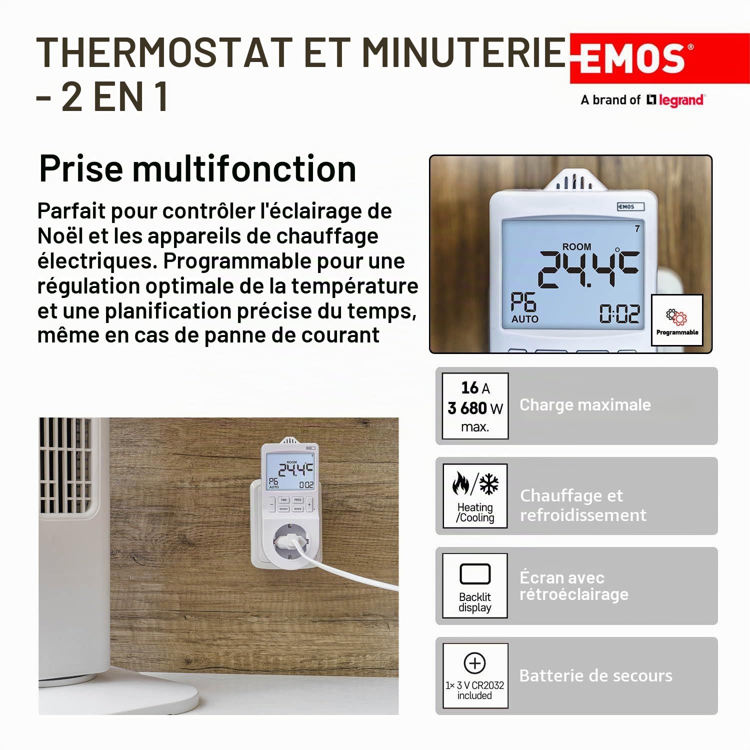 EMOS Thermostat 2 en 1 et minuterie, régulateur numérique de température ambiante et Prise de minuterie pour Chauffage et Refroidissement, radiateur, Chauffage Infrarouge, Aquarium, Terrarium, Serre