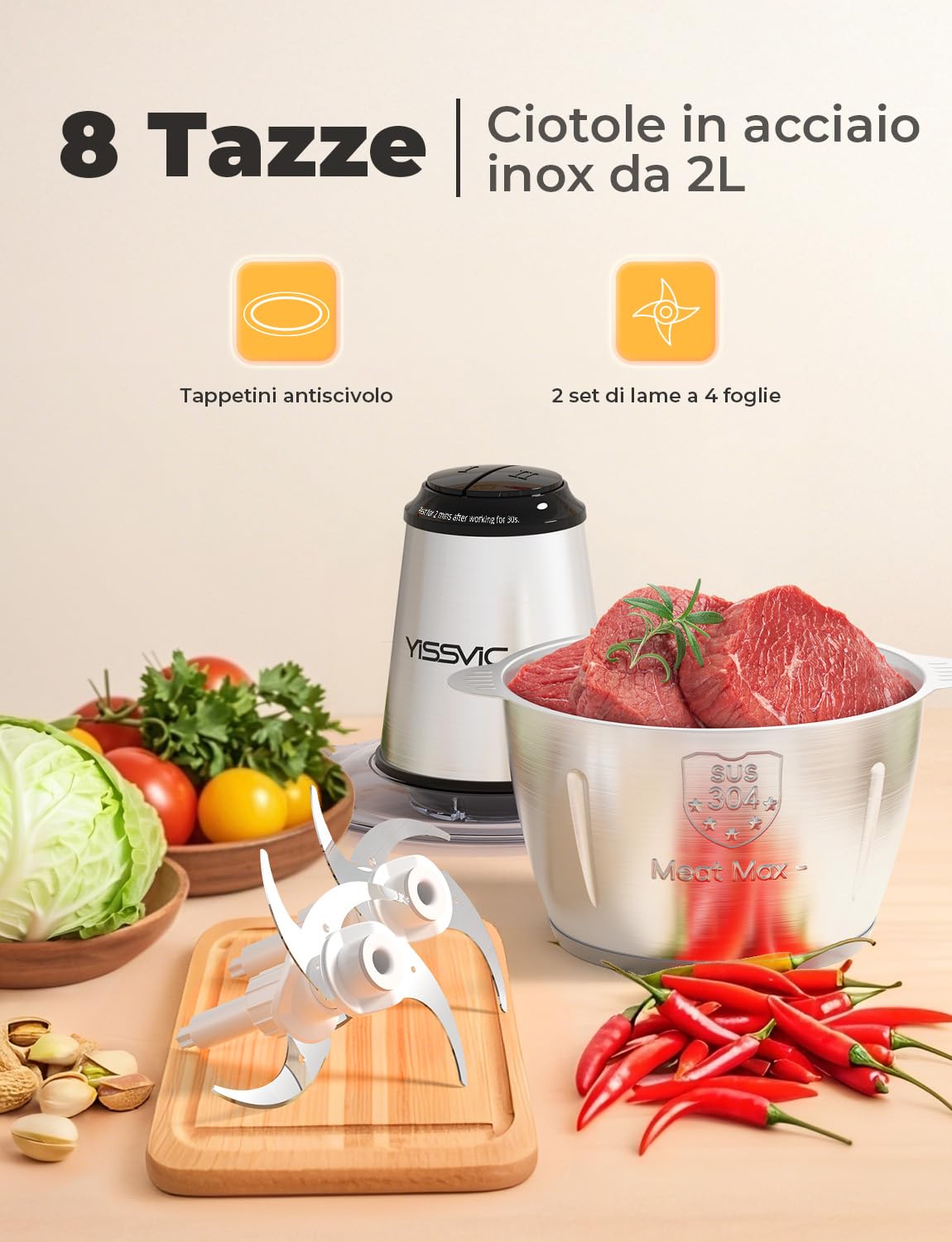 YISSVIC Tritatutto da Cucina Elettrico 2L, 500W, 2 Velocità, 2×4 Lame, Ciotola in Acciaio Inox, Anello Antiscivolo, Lavabile in Lavastoviglie, per Frutta Verdura Carne Spezie
