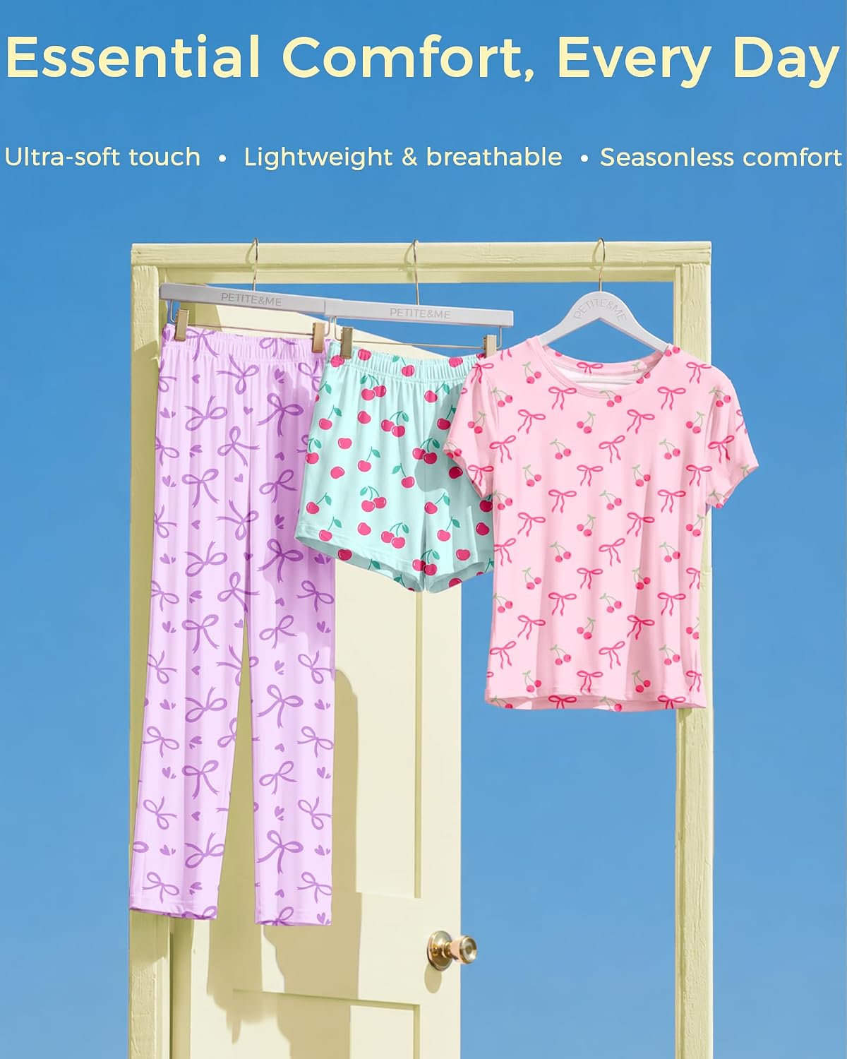 Petite&Me Soft Girls Pajamas, 3-Piece Set with Shorts and Pants Size 6-14