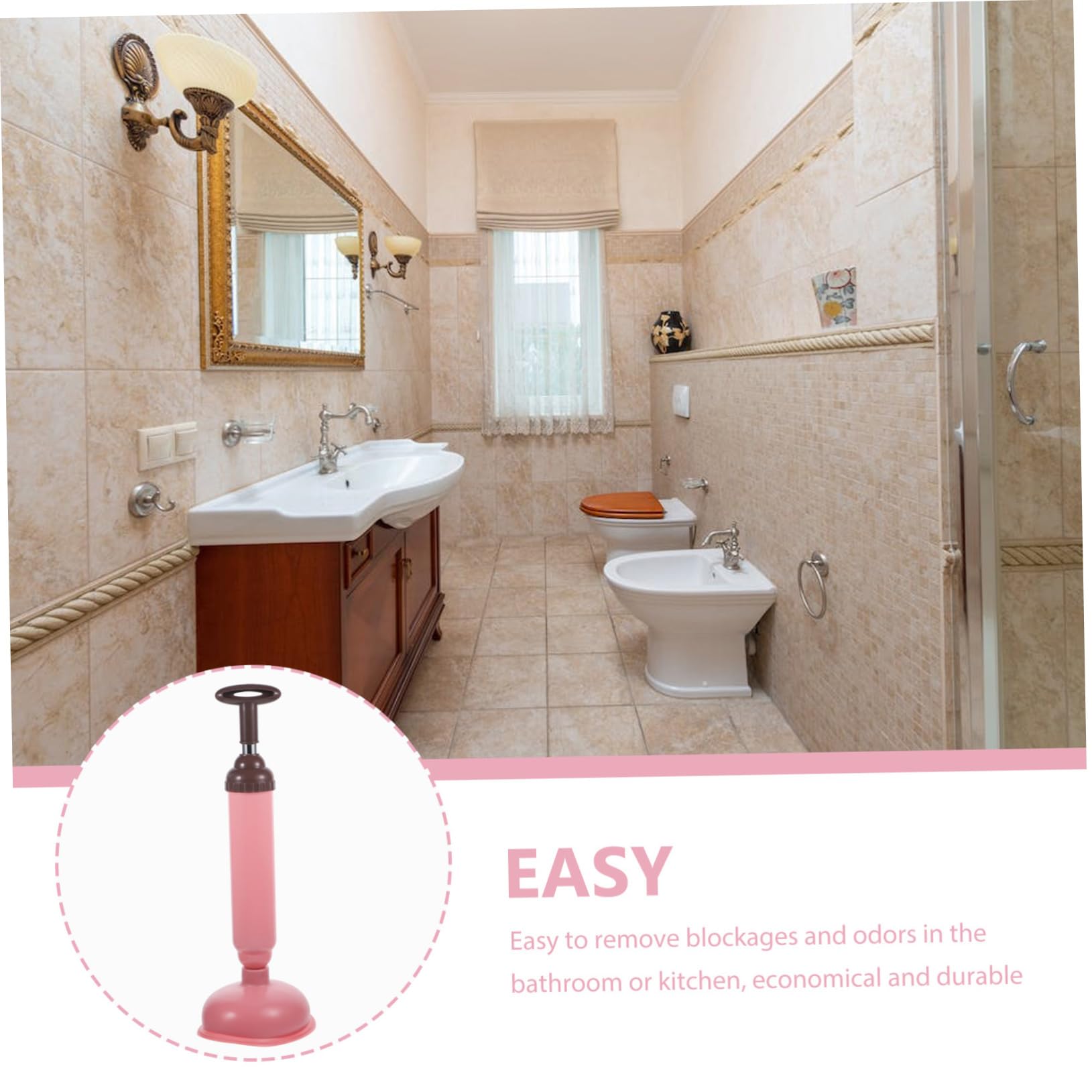 Émbolo de Succión Fuerte para Inodoro y Cocina, Pvc Acero Inoxidable Rosa | Desatascador de Alcantarillado, 1 Pieza, Limpieza Doméstica, Uso en Baño y Cocina, Fácil de Limpiar