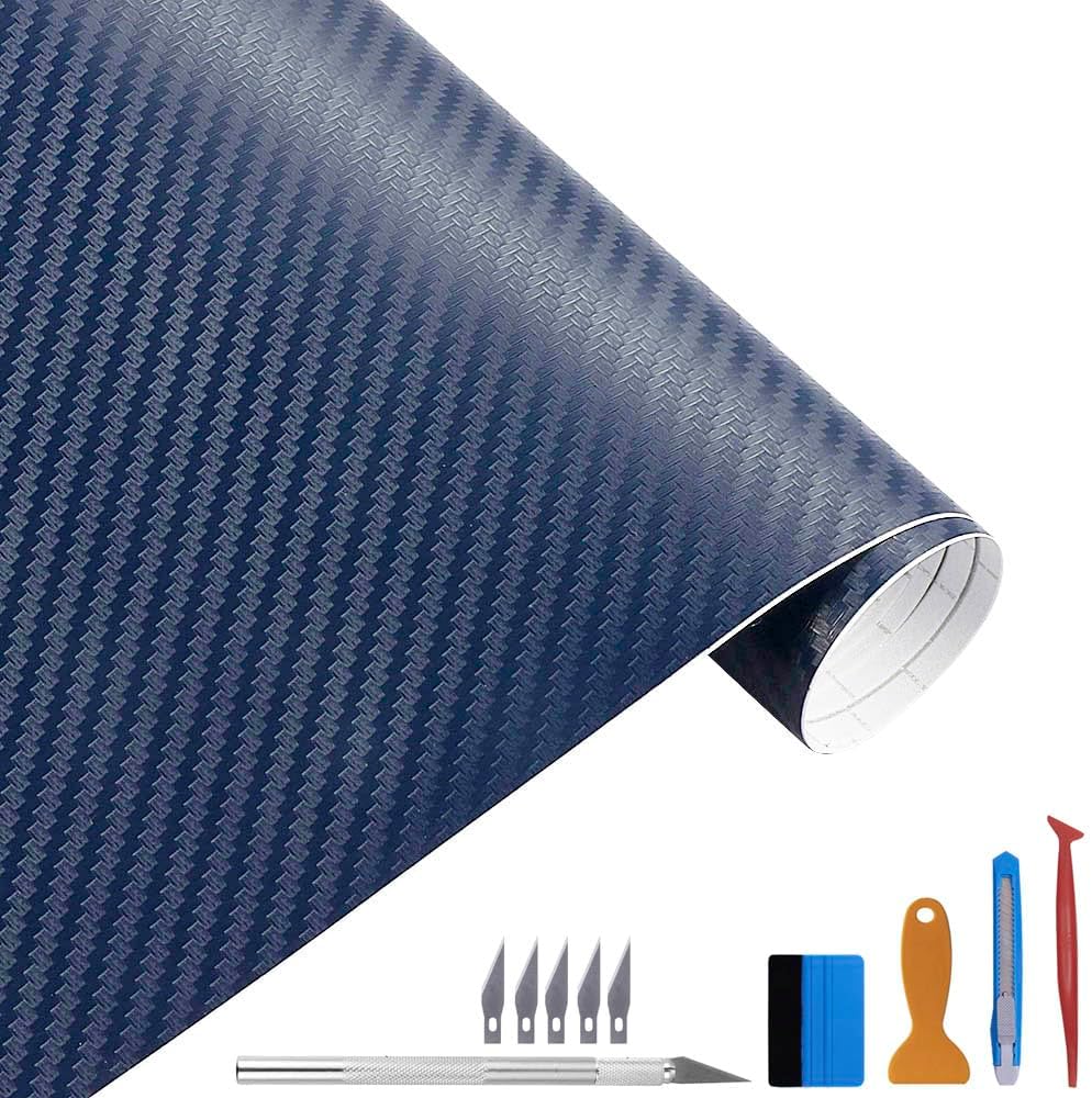 LZLRUN 3D Carbon Fiber Vinyl Wrap Roll with Air Release Bubble Free Adhesive Film - Come with Knife + Hand Tool (Navy Blue, 3FT x 10FT)