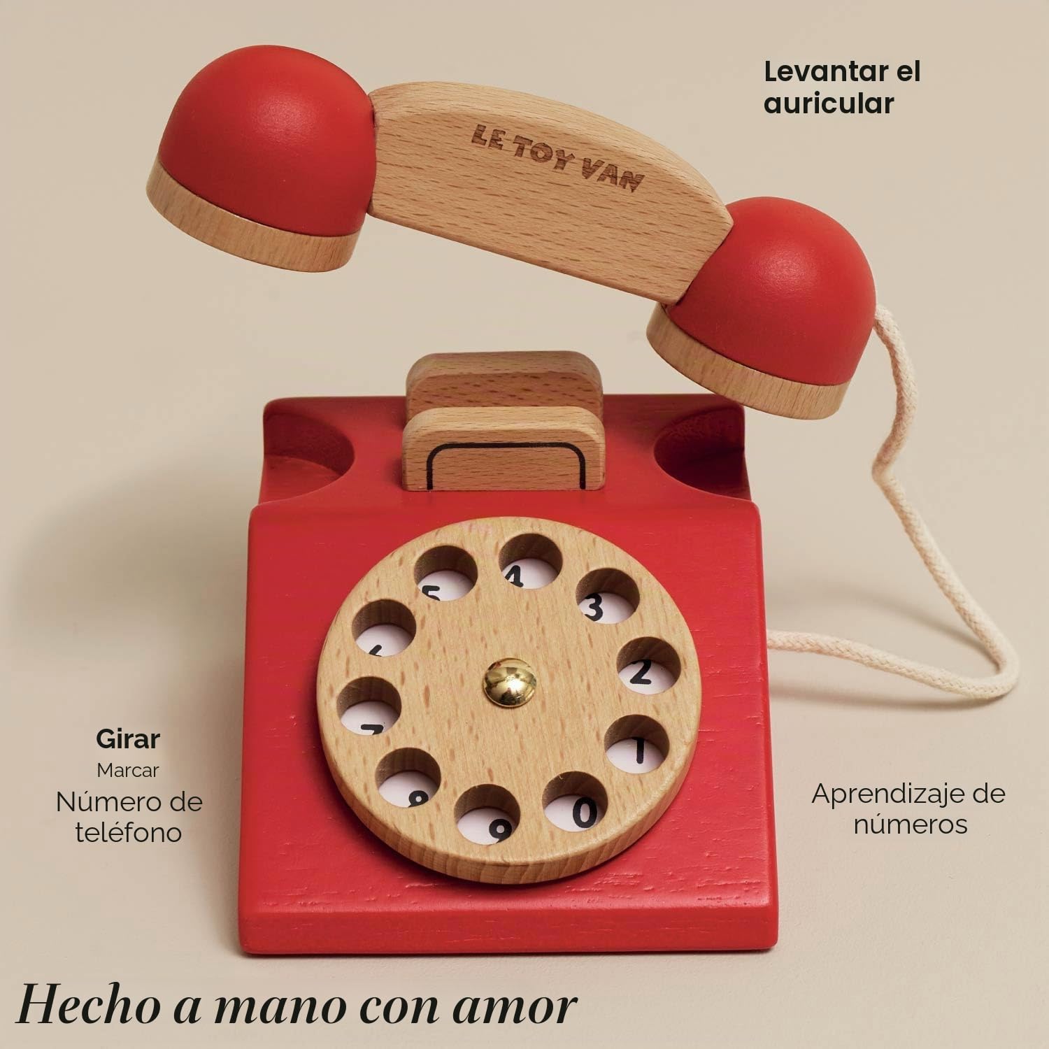 Le Toy Van - TV323 - Juego Educativo de teléfono de Juguete para niños de 3 años, teléfono de Disco Antiguo en Madera Natural certificada FSC y Colores a Base de Agua, Timbre Incluido
