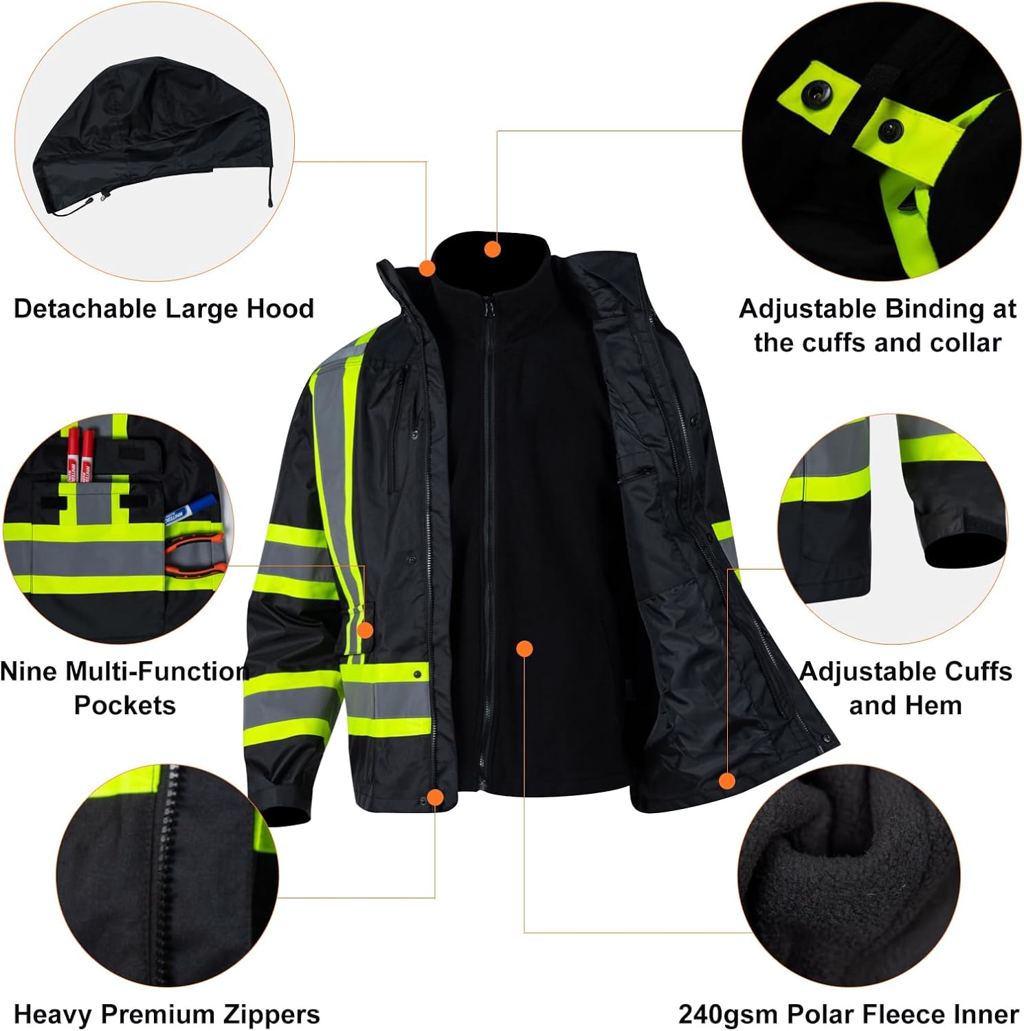 FONIRRA High Visibility Safety Jackets for Men 3-in 1 Hi Vis Reflective Winter Jacket Waterproof ANSI Class 3 - Image 5