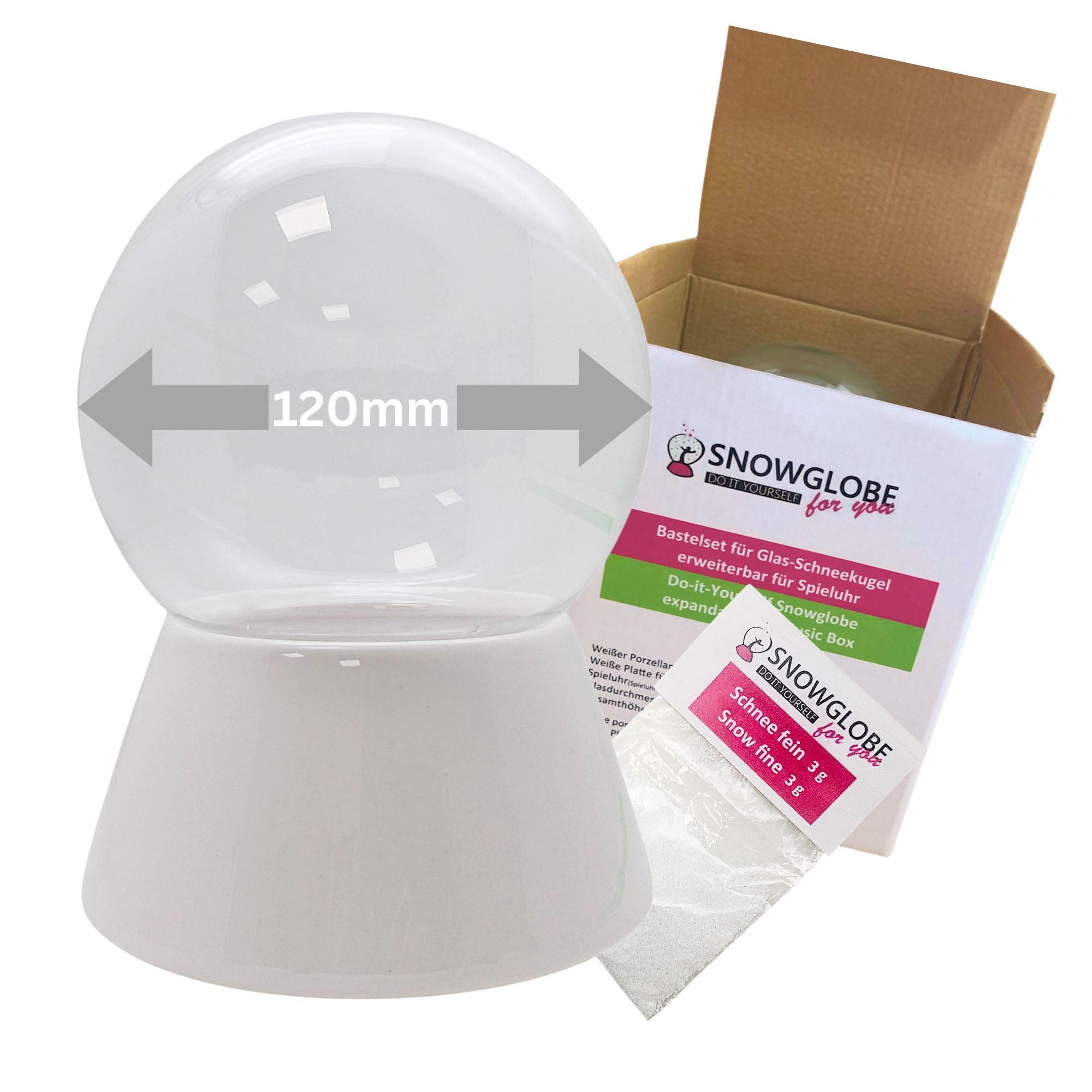 Kit complet de bricolage avec 1 neige, paillettes, eau claire et colle | Kit de bricolage avec boule en verre et base en porcelaine | Boule à secouer individuellement | Largeur : 120 mm, hauteur 160