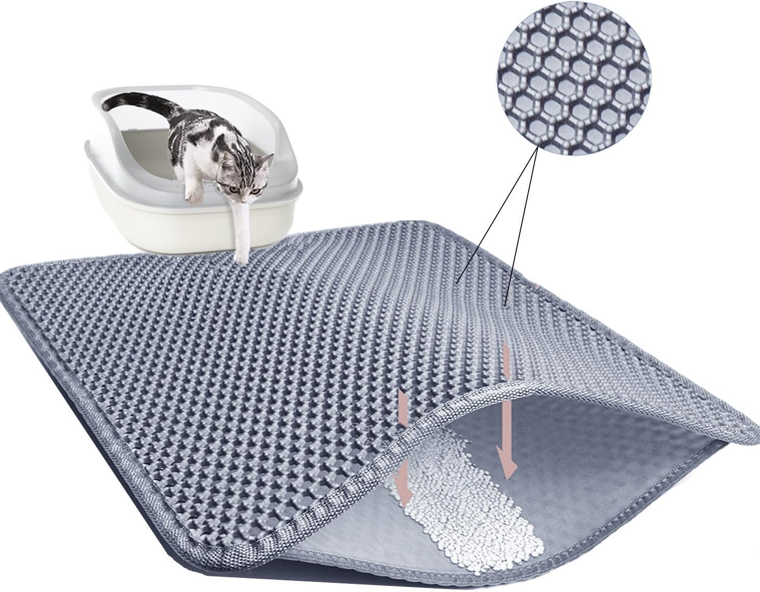 Cat Litter Mat 30"x24" Double Layer Waterproof & Non-Slip - Honeycomb Washable EVA Large Litter Mat for Scatter Control, Urine Proof Litter Trapping Mat for Litter Box(Light Grey)