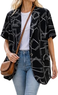 Women's Short Sleeve Summer North Collar Lapel V Neck Button Down Blazer | Regular Fit, Business Work Office Lightweight Coat, Summer Casual Vocation Suit Outwear, Daily Wear, Geometric Print Jacket