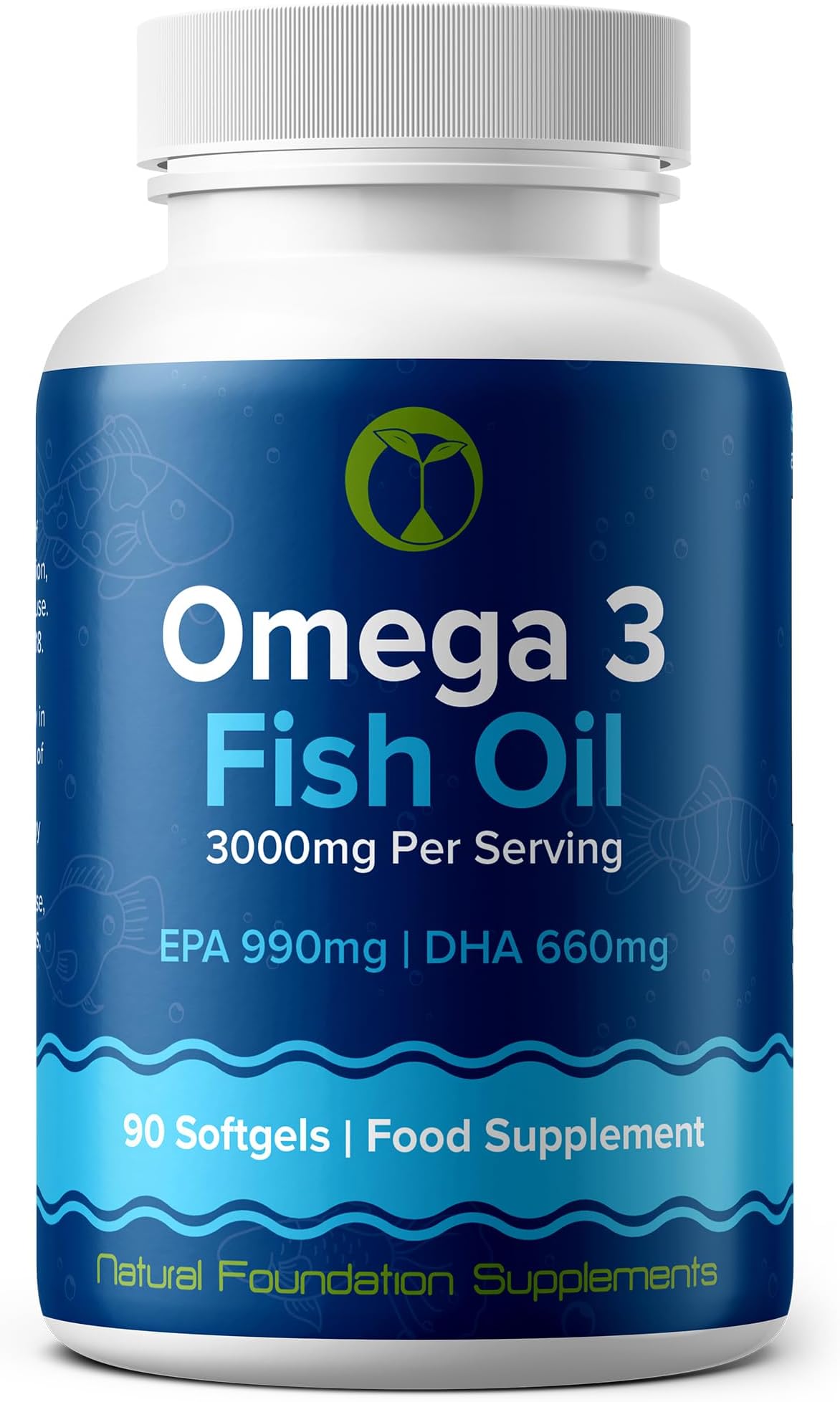 Omega 3 Fish Oil 3000mg Per Serving | 90 Softgel Capsules | EPA 990mg DHA 660mg Per Serving | Sustainably Sourced Made in The UK (90)