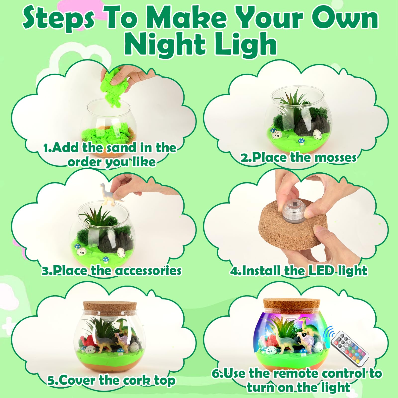 Zestaw do terrarium z dinozaurami Withosent, kreatywna lampka nocna dla dzieci DIY z pilotem, zestaw do rękodzieła w bajkowym ogrodzie z regulowanymi kolorowymi światłami Prezenty dla dziewczynek