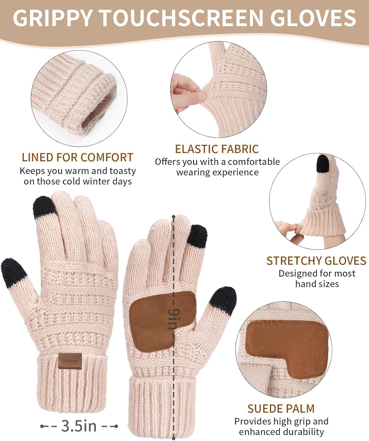 Remifa Winter Beanie Hat Scarf Gloves Set for Women, Slouchy Pom Pom Hat Long Knit Scarf Touchscreen Gloves Christmas Gifts - Image 4