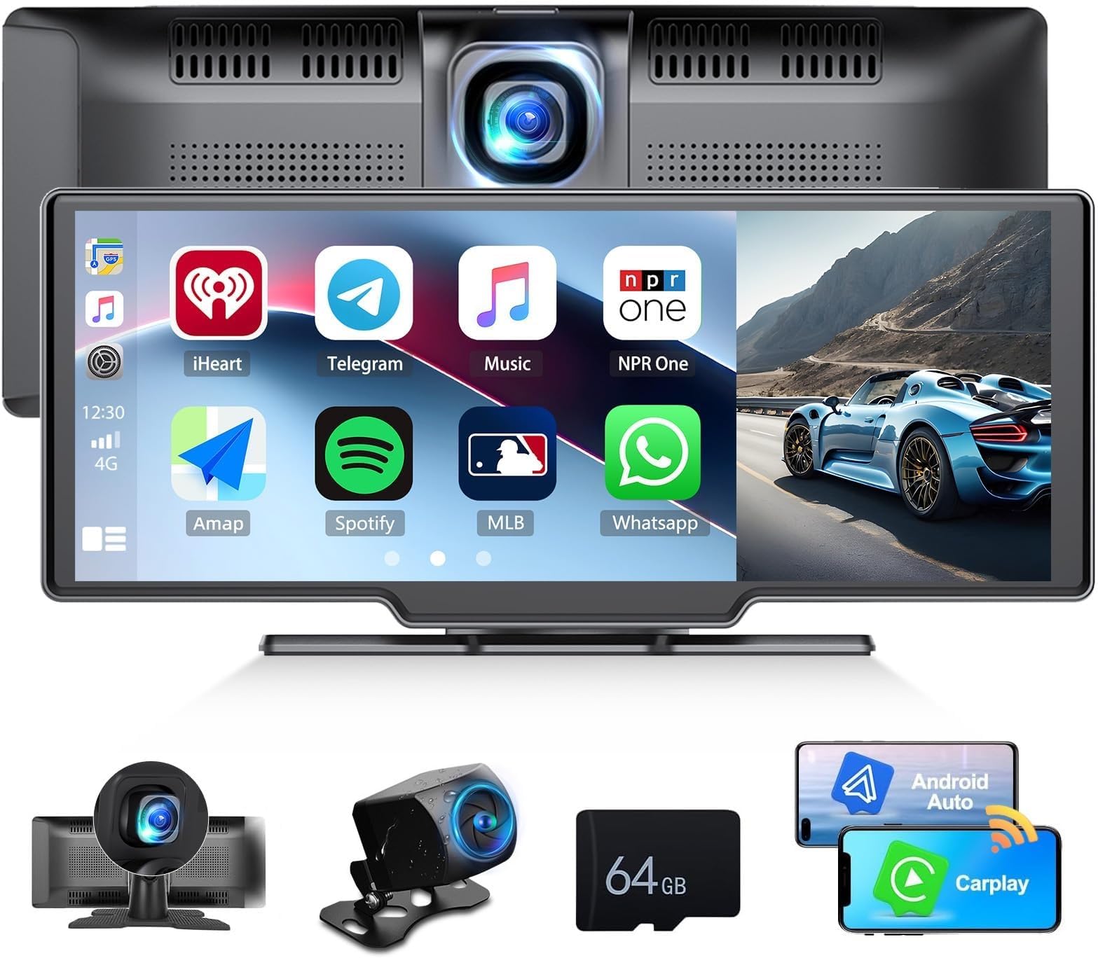 CAMECHO 9.3 Inch Touch Screen Car Stereo, Wireless CarPlay and Android Auto, Portable Car Audio Receiver with Front Dash & Rear View Camera, Bluetooth, AUX/FM, Voice Control, for 7-32V Dashboard Mount