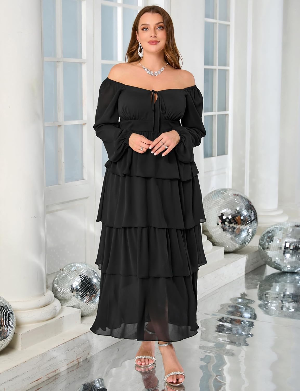 Womens Plus Size Floral Tiered Ruffle Long Sleeve Evening Party Wedding Guest Dress - Image 2