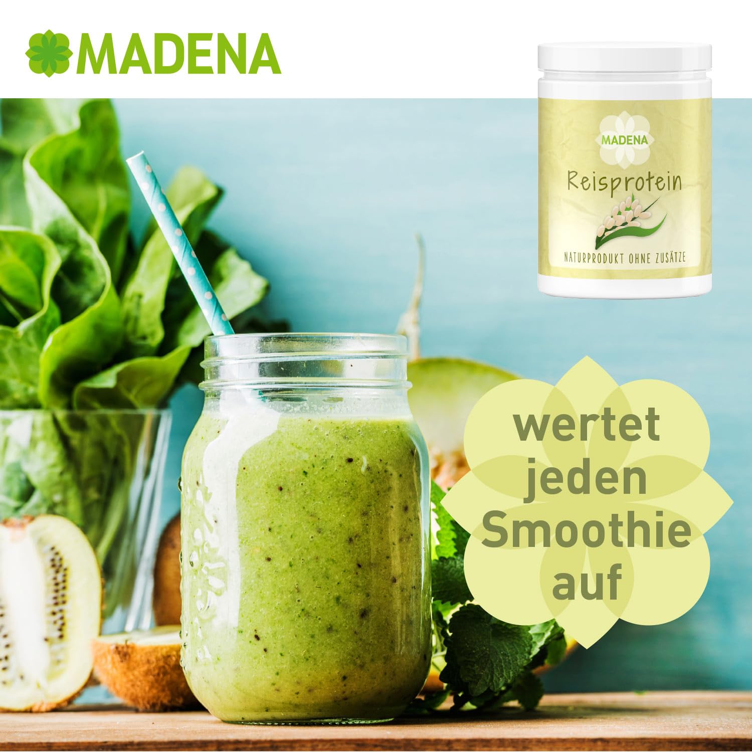 MADENA Reisprotein, 87% Proteingehalt, 1 Kg Vegan Protein, Extra mild, Besonders fein, 100% Proteinisolat, Veganes Protein, Glutenfrei, laktosefrei