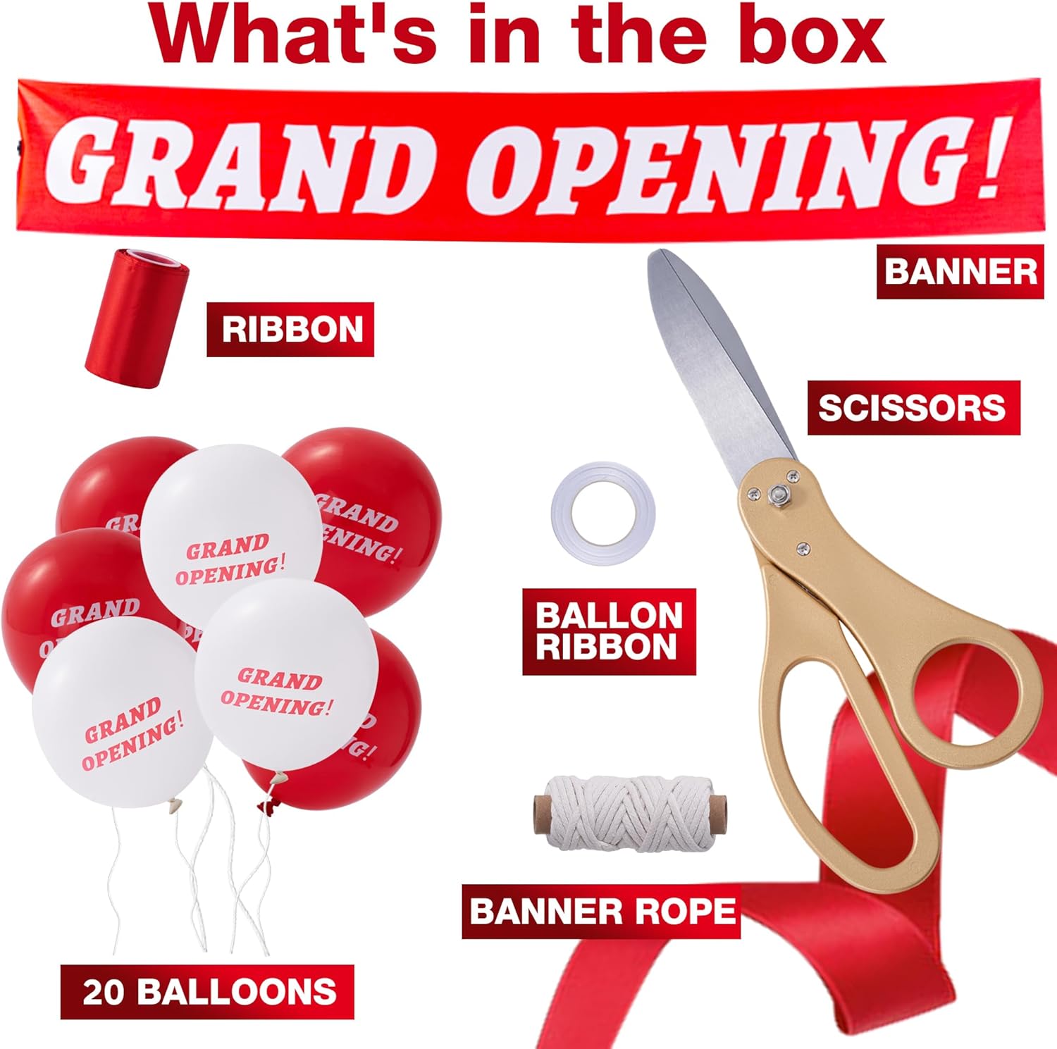 COMSIS Ribbon Cutting Ceremony Kit For Grand Opening Decorations 21" Elegant Gold Handled Giant Scissors 30ft Long 4" Wide Red Ribbon, 10ft Banner, 20 Red & White Balloons, Banner Rope, Balloon Rope