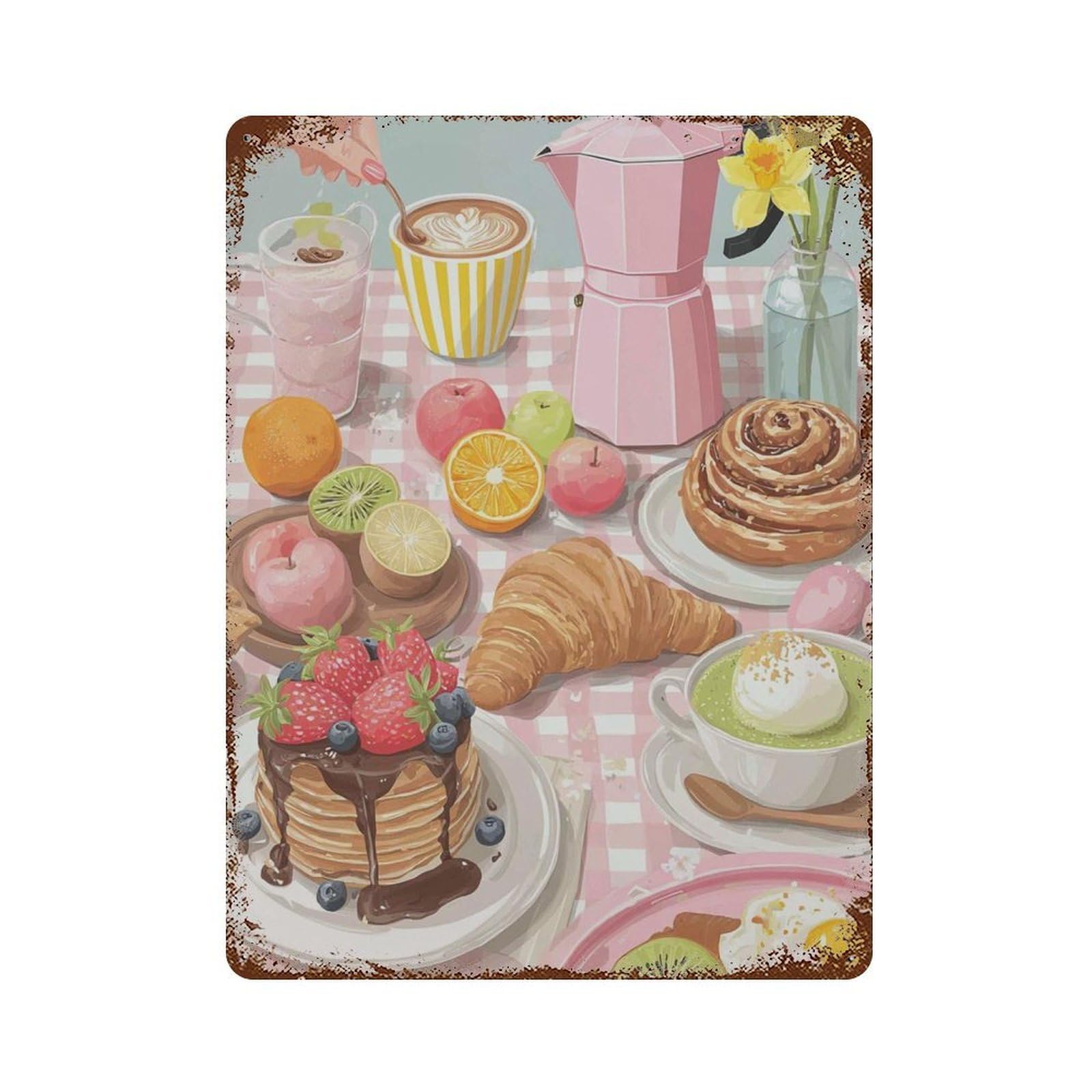 xiaoxiaoshen Breakfast Table Pastel Kitchen Croissant And Pancakes Cozy Brunch Coffee Pastry Wall Decor Art Metal Tin Poster Modern Home Decor Art Home Bar Shop Decorations Vintage Sign 40x30cm