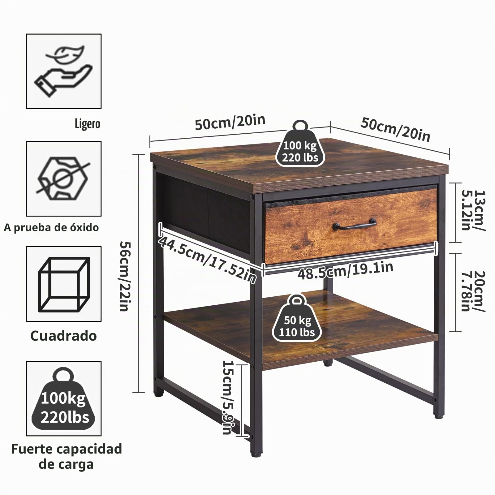 Aibiju Mesa Auxiliar Pequeña de 50 cm, Multifuncional, Auxiliar para Impresora, con Cajón de Tela, Mininevera para Cocina, Dormitorio, Oficina, Marrón Rústico YD-TM156H