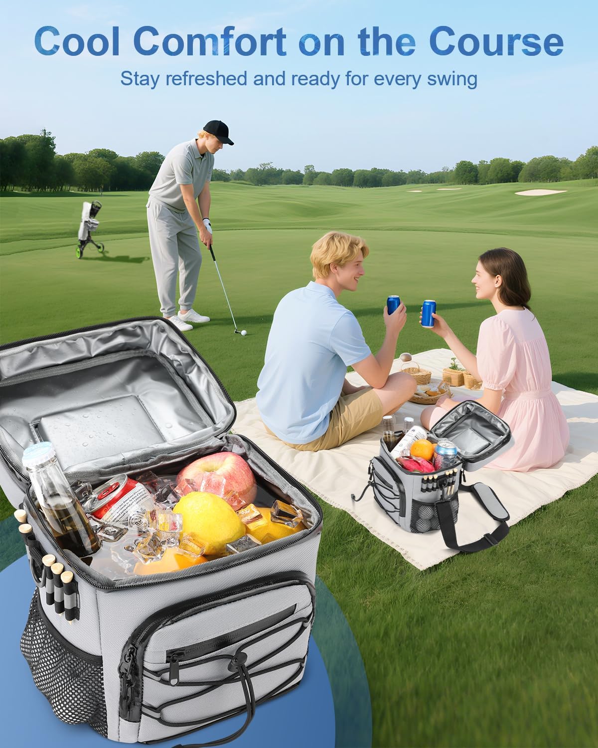 14-Can Golf Cart Expandable Cooler Bag, Soft Insulated Cooler Bag with Hook-and-Loop Lid & Golf Tees Holder for Camping & Outdoor Activities, Fits on Golf Cart Push Cart