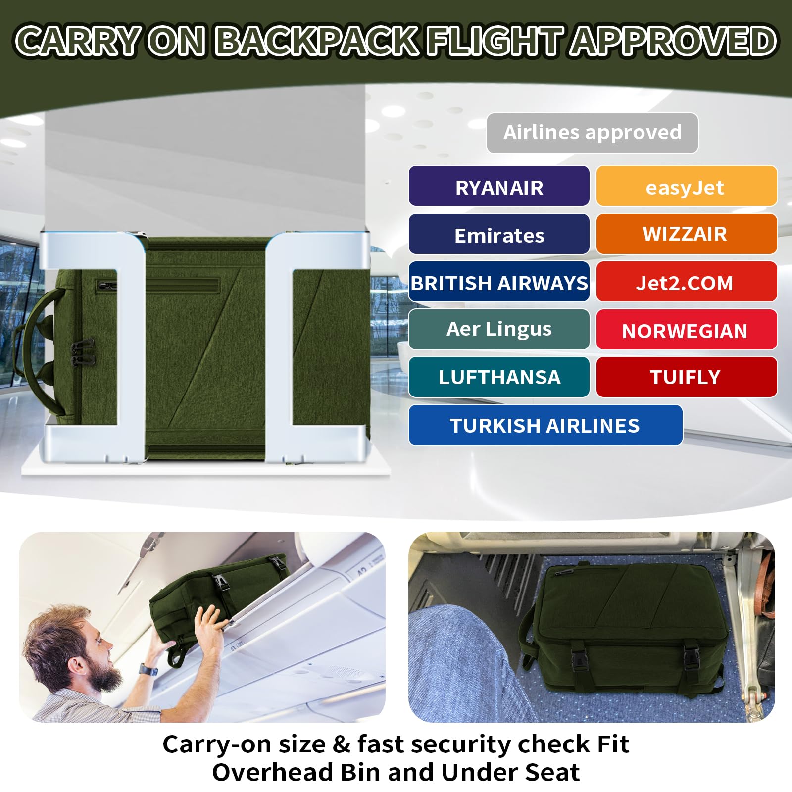 VOESLD Zaino per Ryanair 40x20x25, Zaino da Viaggio Aereo Bagaglio a Mano Verde Zaino Porta PC Donna Uomo Impermeabile Zaino Bagaglio a Mano per Tutte le Principali Compagnie Aeree, con Porta USB 20L