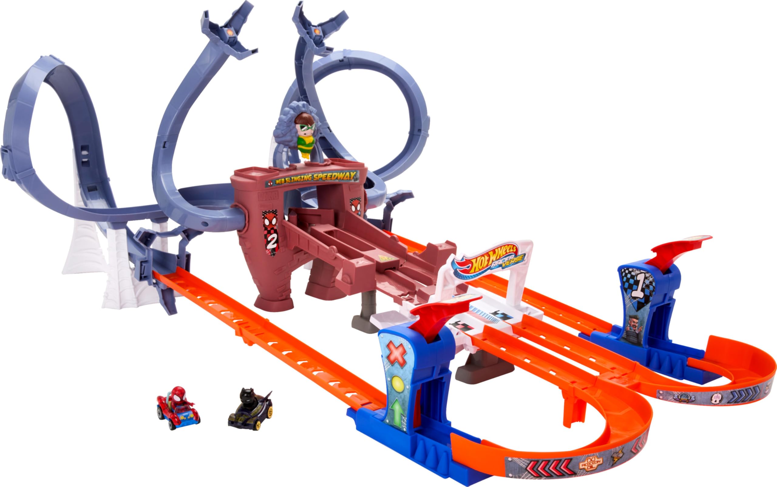 RacerVerse Spider-Man’s Web-Slinging Speedway Track Set with Hot Wheels Racers Spider-Man and Black Panther, Multi-Lap Race to Escape Doc Ock, HPL34